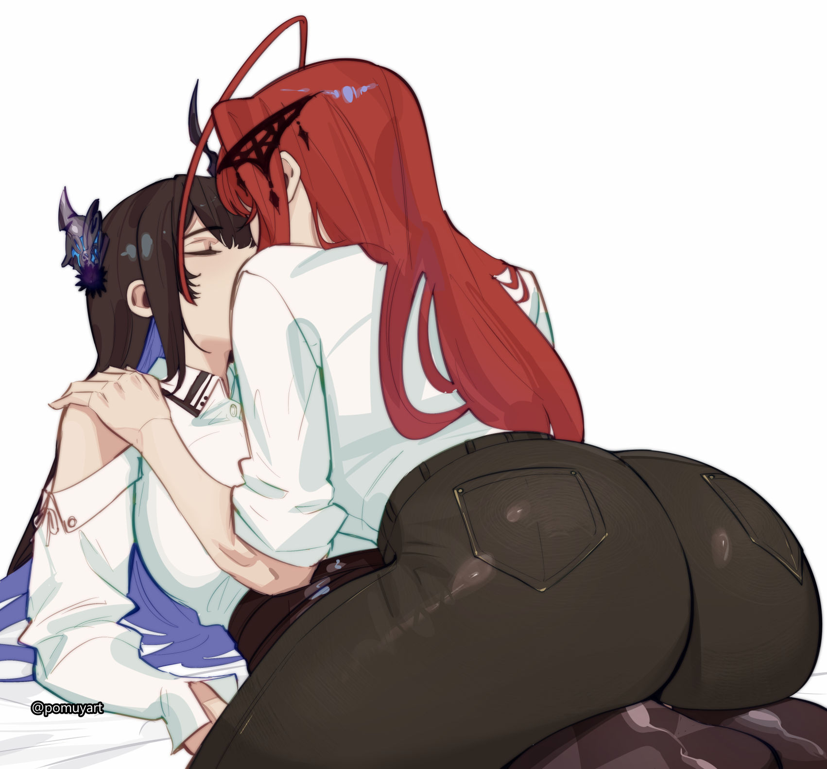 pomuya, elizabeth rose bloodflame, nerissa ravencroft, hololive, hololive english, highres, 2girls, ahoge, ass, black hair, black pants, blue hair, closed eyes, clothing cutout, collared shirt, girl on top, hand on another's shoulder, huge ahoge, implied kiss, long hair, multiple girls, pants, red hair, shirt, shirt tucked in, shoulder cutout, simple background, sleeves rolled up, straddling, very long hair, virtual youtuber, white background, white shirt, yuri