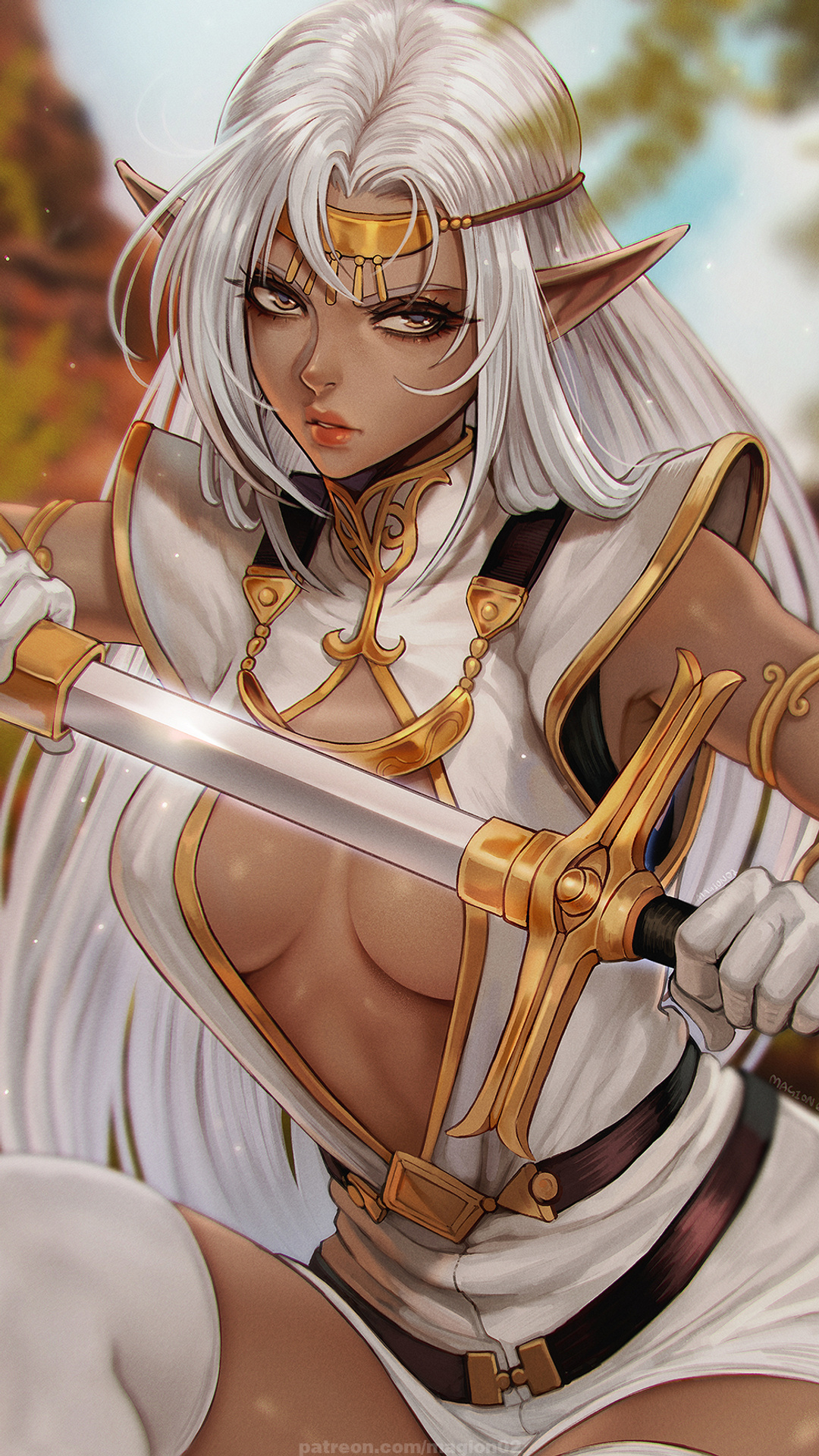 magion02, pirotess, record of lodoss war, highres, revision, 1girl, armlet, breasts, center opening, circlet, dark-skinned female, dark elf, dark skin, elf, eyelashes, gloves, grey hair, holding, holding sheath, holding sword, holding weapon, jewelry, long hair, looking at viewer, no bra, pointy ears, scabbard, sheath, solo, sword, thighhighs, unsheathing, very long hair, weapon, white gloves, white thighhighs