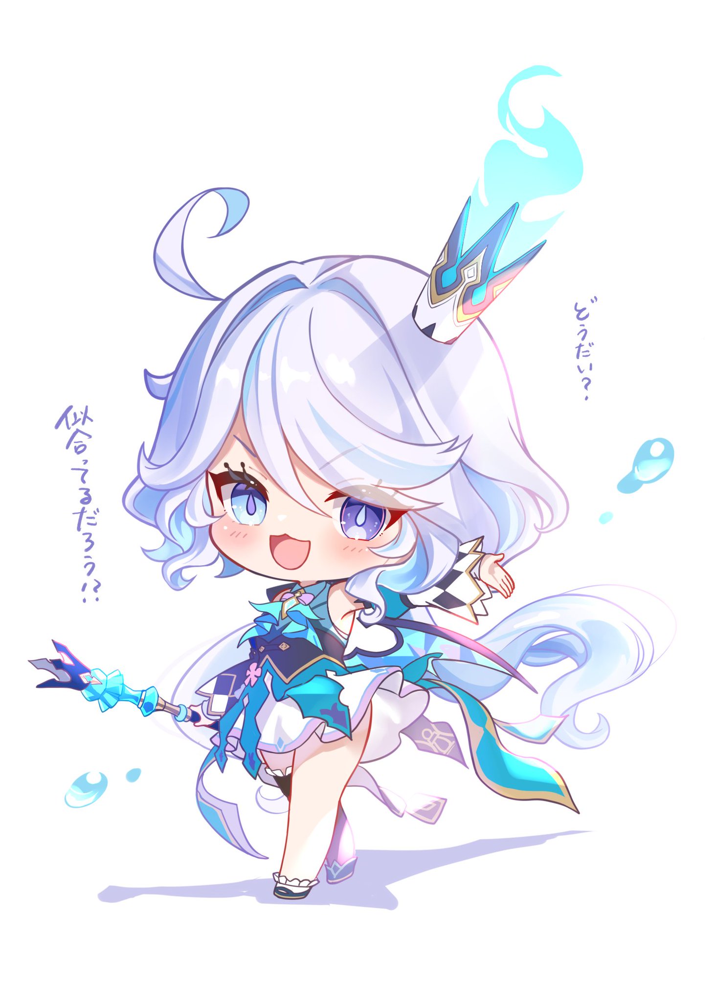 chage (chage 00), furina (genshin impact), genshin impact, highres, 1girl, :d, ahoge, blue brooch, blue eyes, blue hair, blush, chibi, crown, detached sleeves, dress, drop-shaped pupils, full body, hair between eyes, heterochromia, holding, holding weapon, long hair, long sleeves, looking at viewer, mini crown, mismatched pupils, multicolored hair, open mouth, simple background, single thighhigh, smile, solo, streaked hair, symbol-shaped pupils, thighhighs, v-shaped eyebrows, weapon, white background, white hair