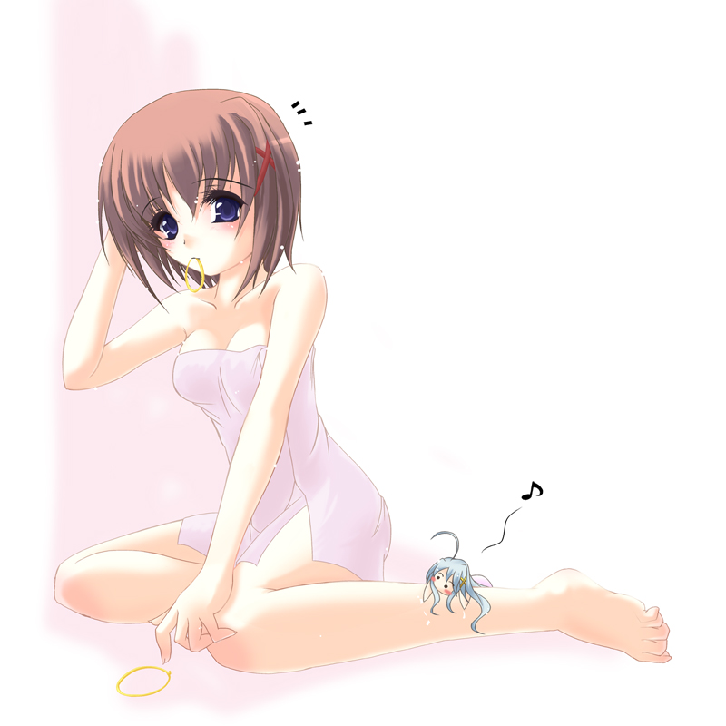frapowa, reinforce zwei, yagami hayate, lyrical nanoha, mahou shoujo lyrical nanoha, mahou shoujo lyrical nanoha strikers, 00s, 1girl, armpits, bare shoulders, dress, female focus, full body, hair ornament, hairclip, looking at viewer, naked towel, short hair, sitting, sleeveless, sleeveless dress, solo, sundress, towel, white dress, x hair ornament, yokozuwari