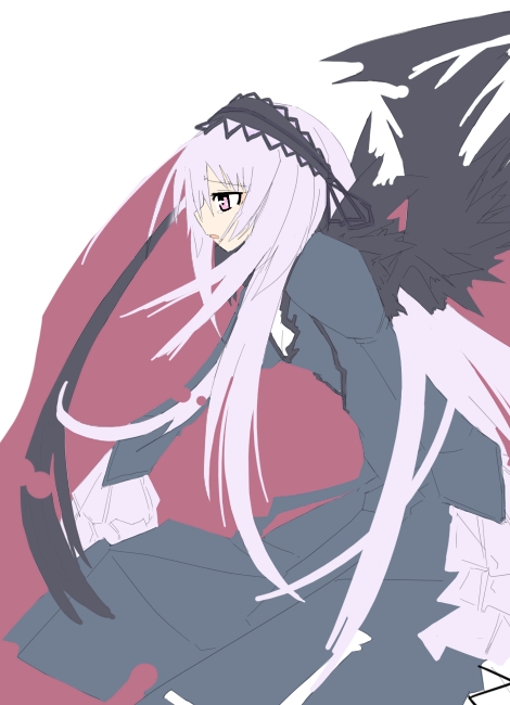 kanikama, suigintou, rozen maiden, silver hair, 00s, 1girl, black dress, black wings, dress, female focus, from side, grey eyes, long hair, long sleeves, profile, solo, very long hair, wings