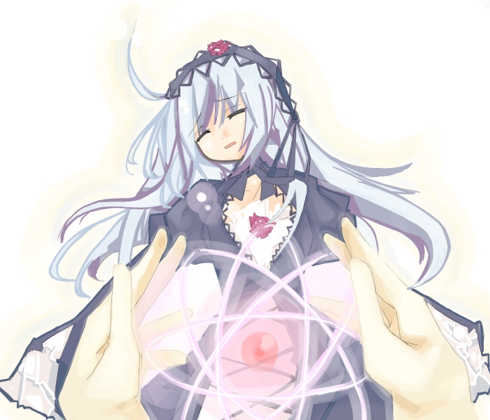 kanikama, suigintou, rozen maiden, silver hair, 00s, 1girl, black dress, closed eyes, cowboy shot, dress, female focus, frilled sleeves, frills, glowing, hairband, lolita hairband, long sleeves, magic, orb, parted lips, solo, wide sleeves