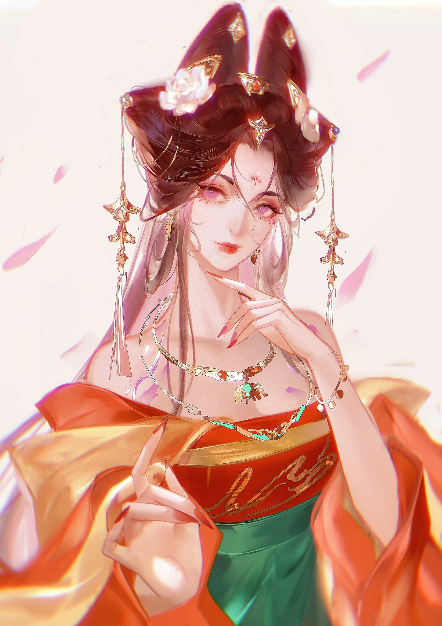 qingci, yingying (path to nowhere), path to nowhere, silver necklace, commentary, highres, 1girl, bare shoulders, bracelet, breasts, brown hair, chinese clothes, cleavage, collarbone, curtained hair, dress, earrings, eyeliner, facial mark, falling petals, fingernails, flower, forehead, forehead mark, green sash, hair ears, hair flower, hair horns, hair ornament, half updo, hanfu, jewelry, looking at viewer, makeup, nail polish, necklace, off shoulder, official alternate costume, petals, pink eyes, pink petals, qixiong ruqun, red dress, red eyeliner, red nails, sash, sharp fingernails, sidelocks tied back, simple background, solo, upper body, white background, white flower