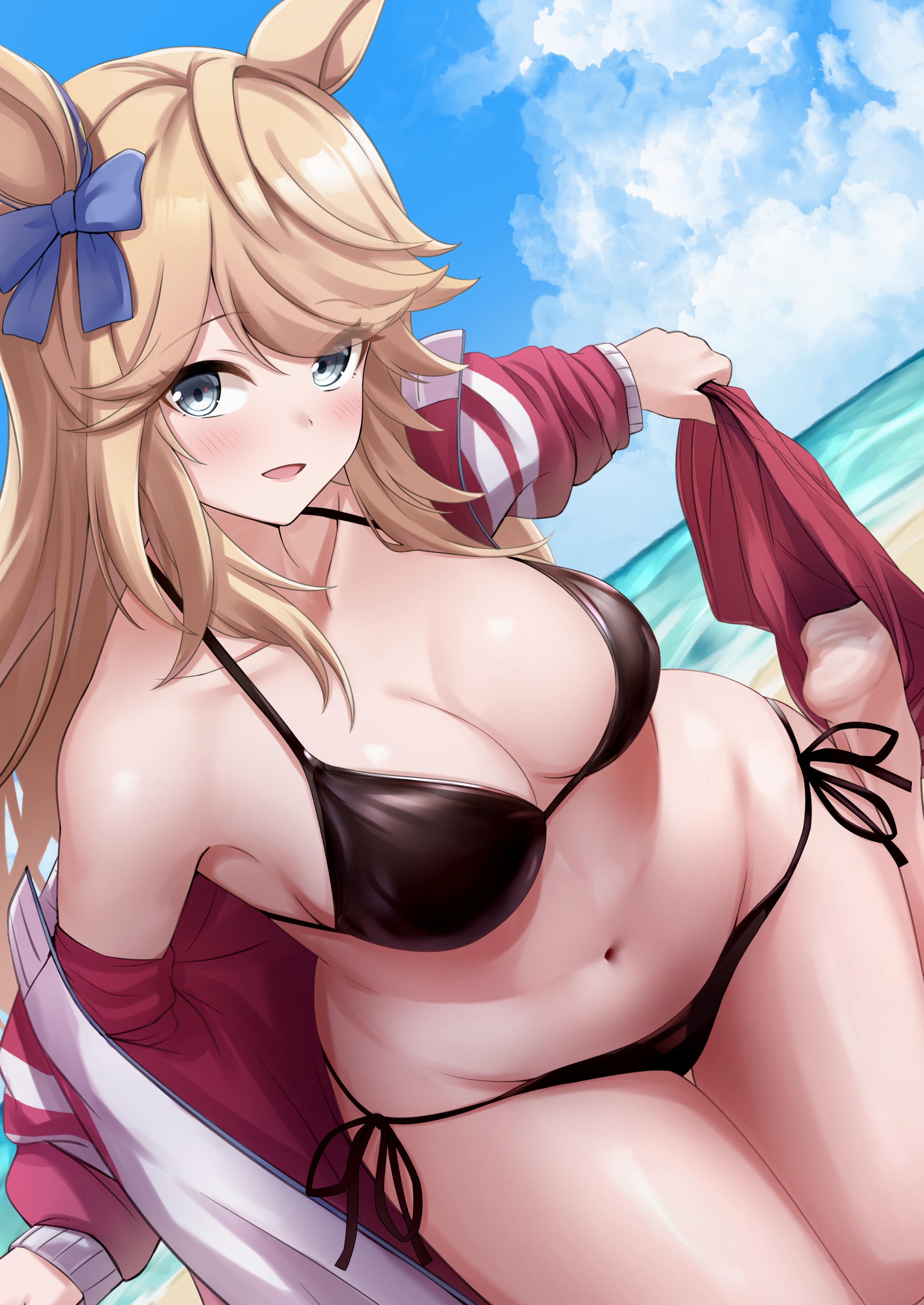 herohero (higashi no dou), gold city (umamusume), umamusume, absurdres, highres, third-party source, 1girl, :d, beach, bikini, black bikini, blonde hair, blue bow, blue sky, blush, bow, breasts, cleavage, cloud, day, dutch angle, ear bow, green eyes, horizon, jacket, kneehighs, large breasts, long sleeves, looking at viewer, navel, ocean, open mouth, outdoors, pants, red jacket, red pants, side-tie bikini bottom, sky, smile, socks, solo, swimsuit, swimsuit under clothes, tracen training uniform, track jacket, track pants