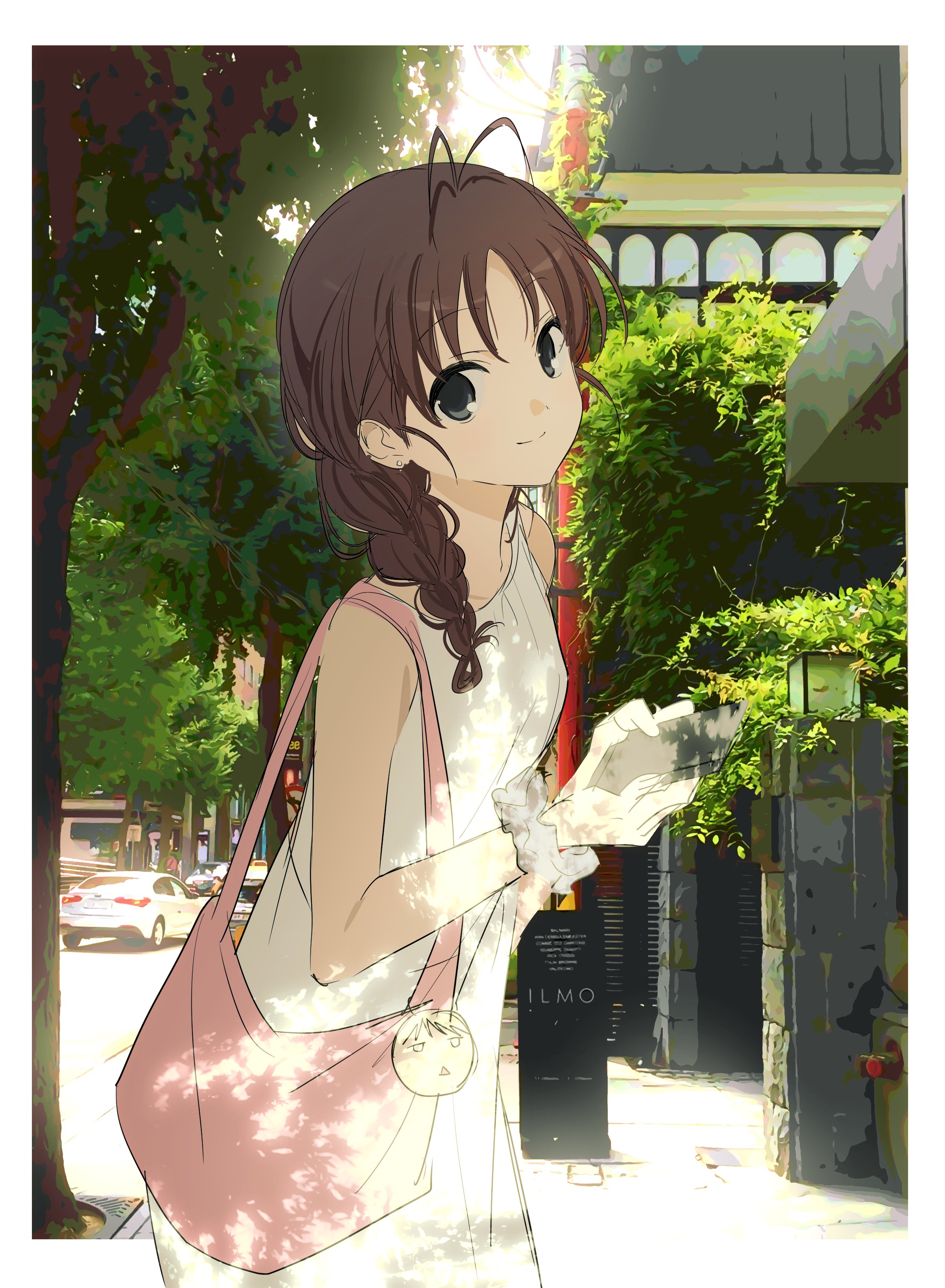 deezydays, original, absurdres, highres, 1girl, antenna hair, bag, braid, brown hair, car, cellphone, closed mouth, dappled sunlight, day, dress, earrings, hair over shoulder, handbag, holding, holding phone, jewelry, long hair, looking at viewer, motor vehicle, outdoors, phone, photo background, scrunchie, shoulder bag, single braid, sleeveless, sleeveless dress, smile, solo, sunlight, tree, white dress, wrist scrunchie