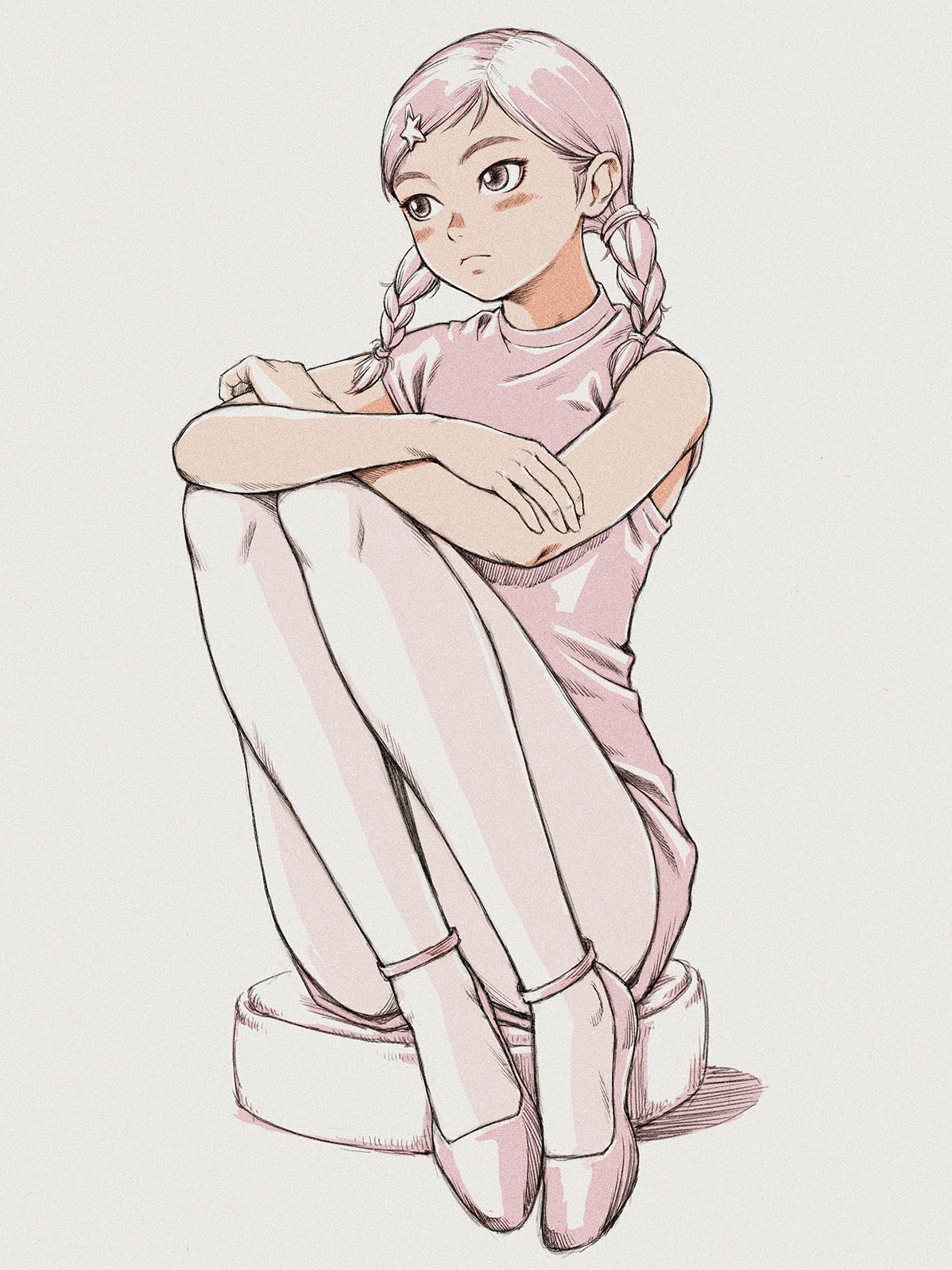 serif illustrations, original, highres, 1girl, blush, braid, cushion, expressionless, forehead, full body, grey background, hair ornament, looking to the side, on cushion, pantyhose, pink eyes, pink hair, pink shoes, pink vest, shoes, short hair, simple background, sitting, slippers, solo, star (symbol), star hair ornament, thighs, twin braids, vest, white pantyhose