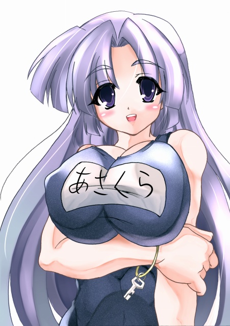 rikuto, asakura ryoko, suzumiya haruhi no yuuutsu, 00s, 1girl, black one-piece swimsuit, breasts, female focus, huge breasts, large breasts, name tag, one-piece swimsuit, school swimsuit, solo, swimsuit