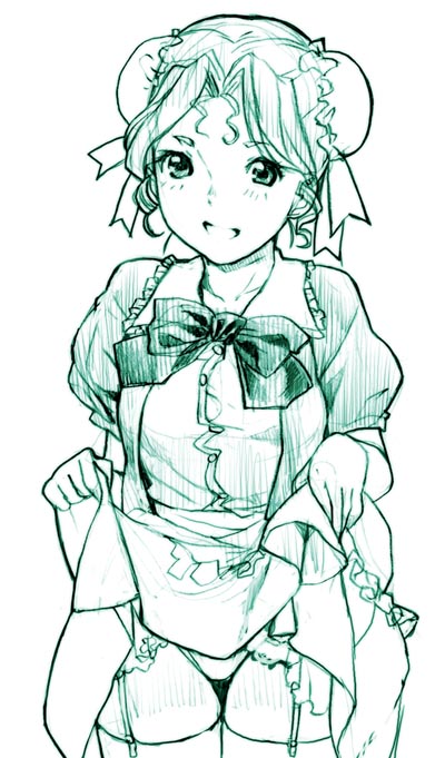 nekomata naomi, 1girl, bun cover, clothes lift, double bun, female focus, garter belt, hair bun, lingerie, maid, monochrome, panties, simple background, sketch, skirt, skirt lift, solo, thighhighs, underwear