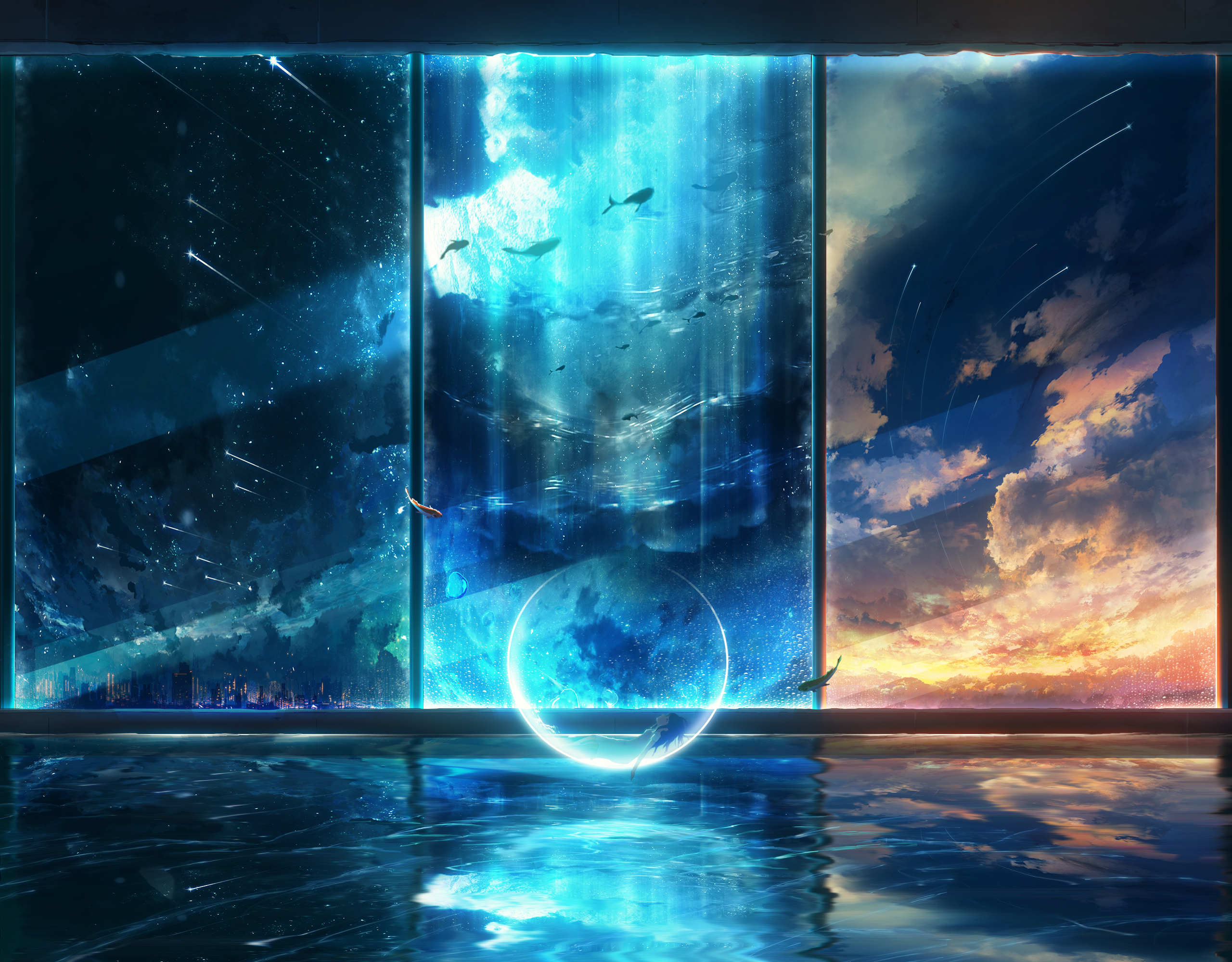 y y (ysk ygc), original, highres, bubble, building, city, city lights, cityscape, cloud, cloudy sky, fantasy, fish, flying fish, indoors, meteor shower, night, night sky, no humans, reflection, scenery, shooting star, sky, skyline, skyscraper, star (sky), starry sky, sunrise, sunset, surreal, very wide shot, water, whale, window