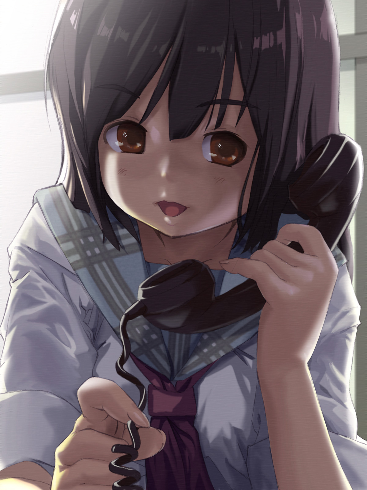 st+1, original, highres, corded phone, phone, school uniform, serafuku, solo