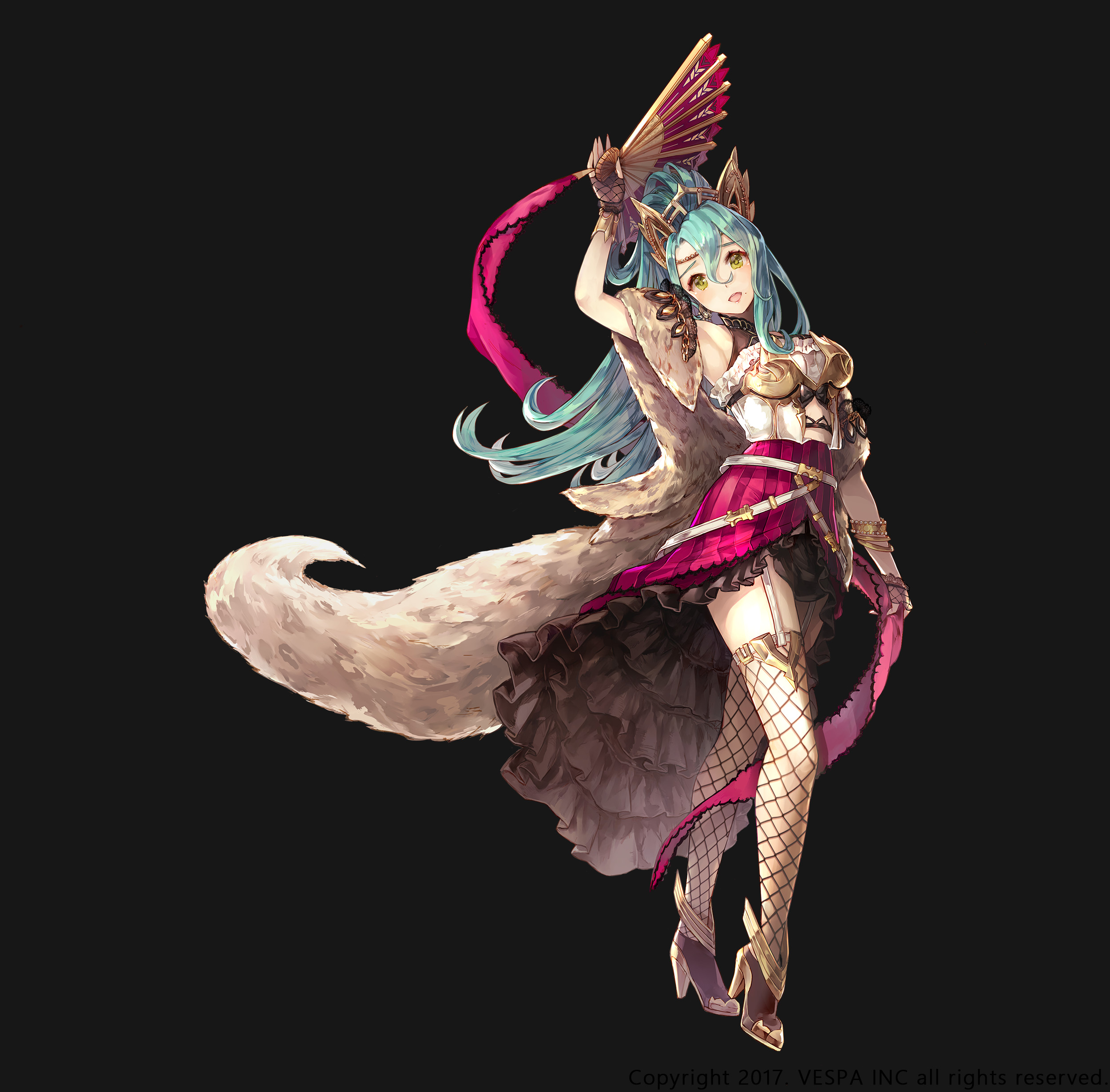 ezu (leejiyu), king's raid, absurdres, commentary, english commentary, highres, official art, 1girl, animal print, arm up, bangle, belt, black bow, black gloves, black petticoat, bow, bracelet, breasts, cape, cassandra (king's raid), fingerless gloves, fishnet gloves, fishnet thighhighs, fishnets, frills, full body, fur cape, garter straps, gloves, gold bracelet, gold shoes, green eyes, green hair, hair between eyes, half gloves, hand fan, head chain, headpiece, high heels, holding, holding fan, holding ribbon, jewelry, large breasts, leopard print, lipstick, long hair, makeup, mole, mole under mouth, open mouth, petticoat, ponytail, red fan, red ribbon, red skirt, ribbon, shirt, shoes, showgirl skirt, skirt, smile, solo, striped clothes, striped skirt, thighhighs, vertical-striped clothes, vertical-striped skirt, very long hair, white belt, white shirt