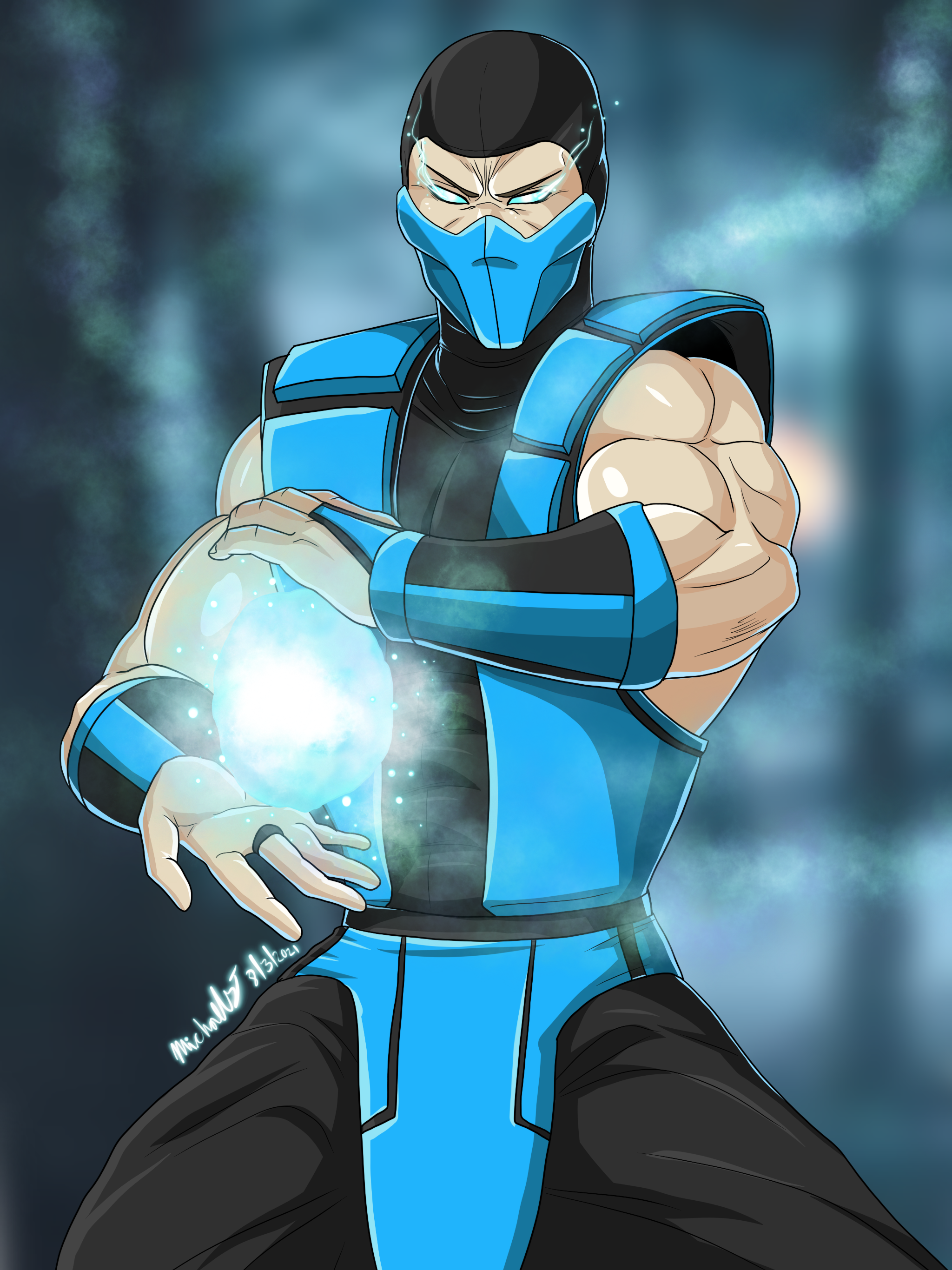 michael gonzalez, sub-zero, mortal kombat (series), absurdres, highres, 1boy, blue eyes, cryokinesis, fingerless gloves, gloves, looking at viewer, male focus, mask, mature male, mouth mask, muscular, muscular male, ninja, ninja mask, no pupils, solo