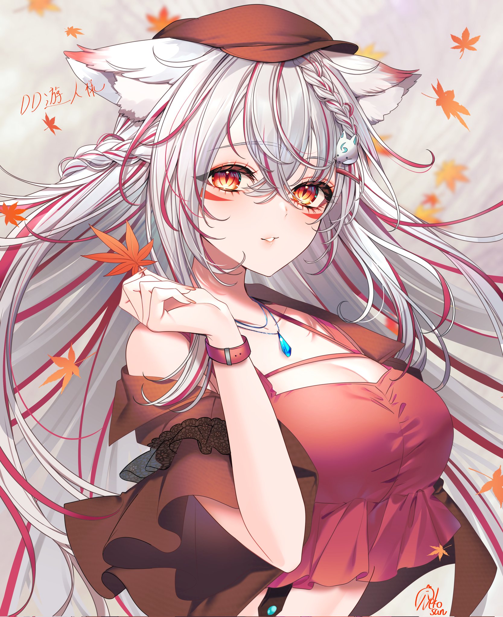 neko-san (dim.dream), indie virtual youtuber, commentary request, commission, highres, second-party source, skeb commission, 1girl, animal ear fluff, animal ears, autumn leaves, blush, braid, breasts, brown hat, camisole, cleavage, commissioner name, facial mark, fox ears, grey hair, hand up, hat, inari yuria, leaf, medium breasts, multicolored hair, off shoulder, parted lips, red camisole, red eyes, red hair, signature, solo, streaked hair, virtual youtuber
