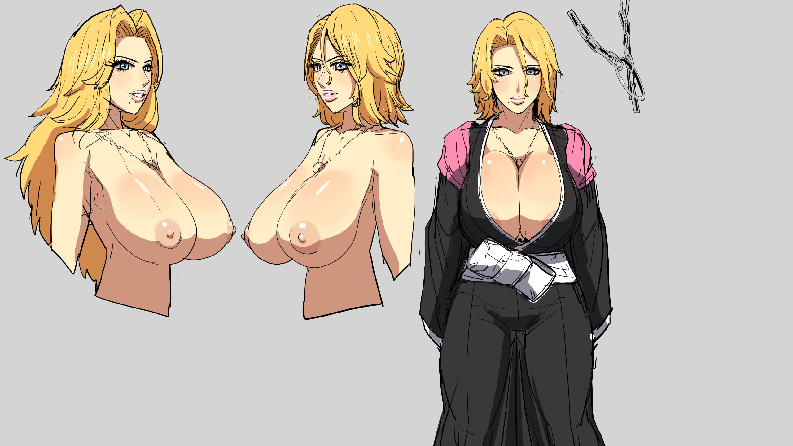 hori hiraki, matsumoto rangiku, bleach, concept art, 1girl, black kimono, blonde hair, blue eyes, breasts, chain, cleavage, collarbone, completely nude, grey background, huge breasts, japanese clothes, jewelry, kimono, lips, long hair, looking at viewer, mole, mole under mouth, multiple views, necklace, nipples, nude, simple background, smile