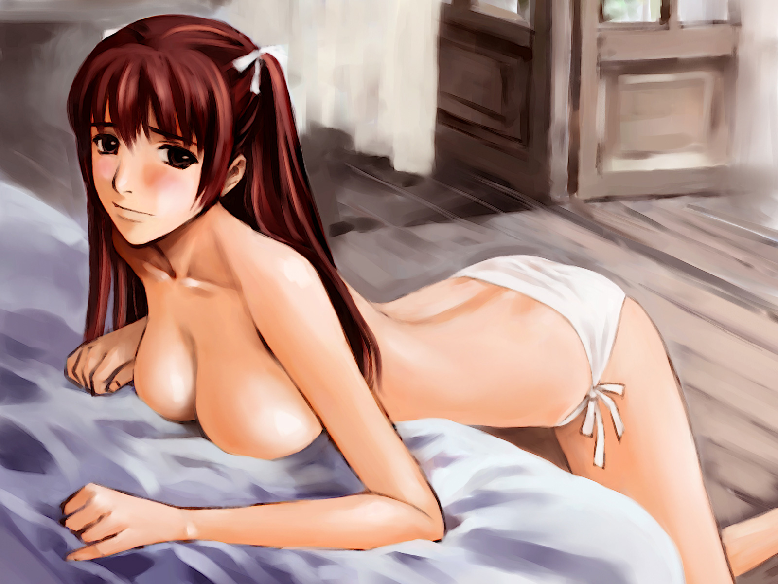highres, bed, breast rest, breasts, brown eyes, brown hair, large breasts, long hair, panties, side-tie panties, solo, topless female, twintails, underwear