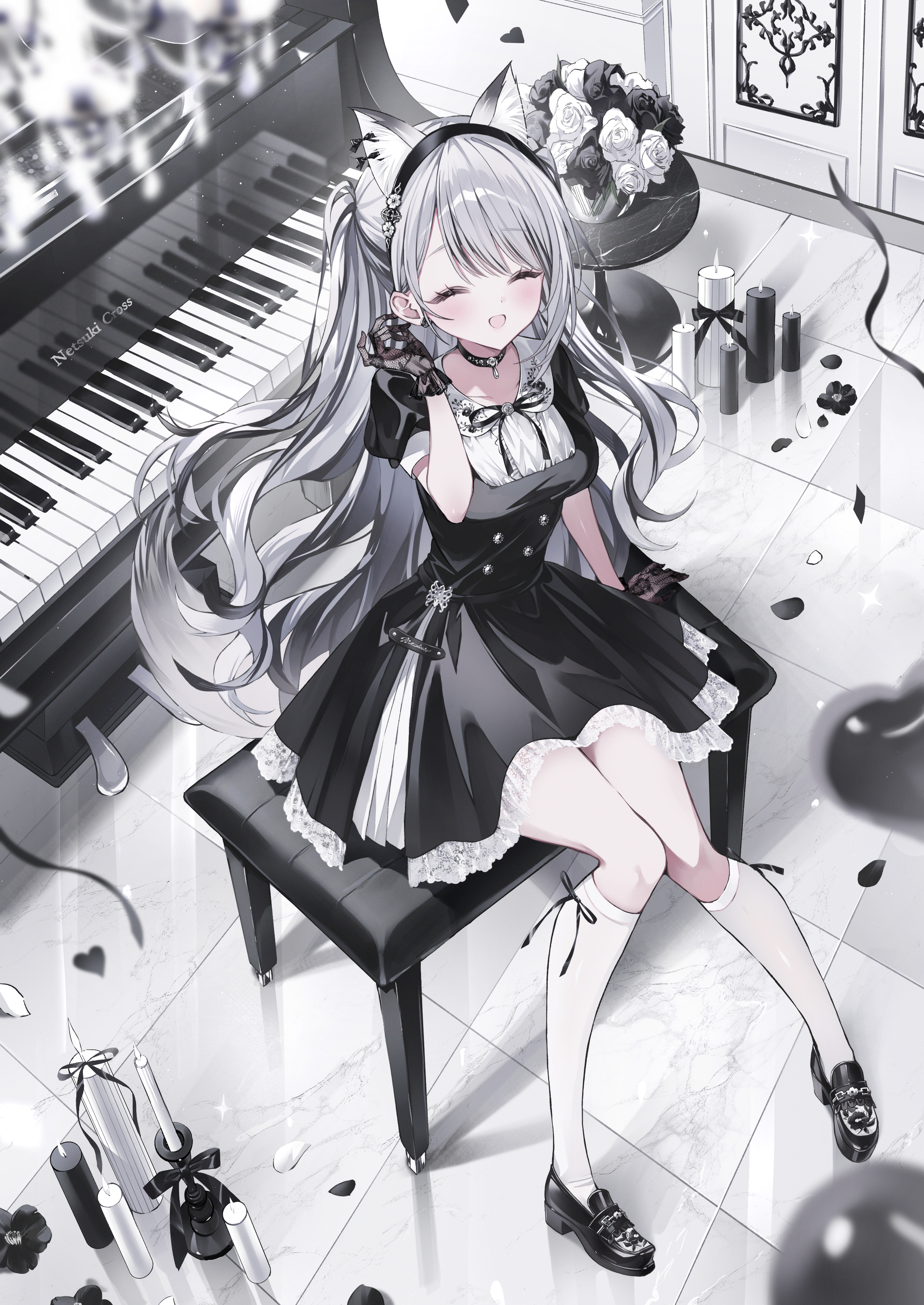 noah (0noah), indie virtual youtuber, absurdres, highres, 1girl, ^ ^, animal ears, black choker, black dress, black flower, black gloves, black hairband, black ribbon, black rose, black shoes, candle, chandelier, choker, closed eyes, dress, flower, fox ears, fox girl, fox tail, full body, gloves, grey hair, hairband, instrument, juliet sleeves, kneehighs, lace, lace gloves, long hair, long sleeves, netsuki cross, open mouth, petals, piano, piano bench, puffy short sleeves, puffy sleeves, ribbon, rose, shoes, short sleeves, sitting, smile, socks, solo, tail, virtual youtuber, white flower, white rose, white socks, white theme