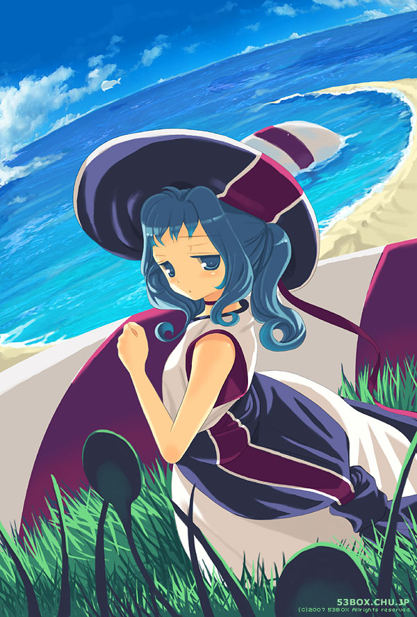 sango (53box), original, 1girl, bare shoulders, beach, blue eyes, blue hair, blue sky, cloud, day, dress, female focus, from behind, grass, hat, looking at viewer, looking back, matching hair/eyes, outdoors, plant, sand, shore, sky, solo, sun hat, water, white dress