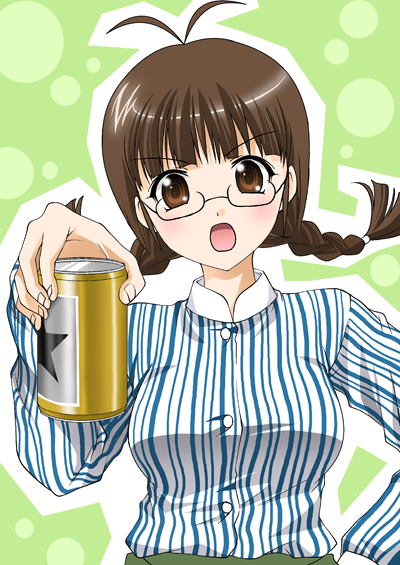 itsuki sayaka, akizuki ritsuko, idolmaster, idolmaster (classic), idolmaster 1, 00s, 1girl, antenna hair, braid, brown eyes, brown hair, can, drink can, female focus, glasses, holding, long hair, long sleeves, looking at viewer, rimless eyewear, shirt, soda can, solo, striped clothes, striped shirt, twin braids, upper body, vertical-striped clothes, vertical-striped shirt