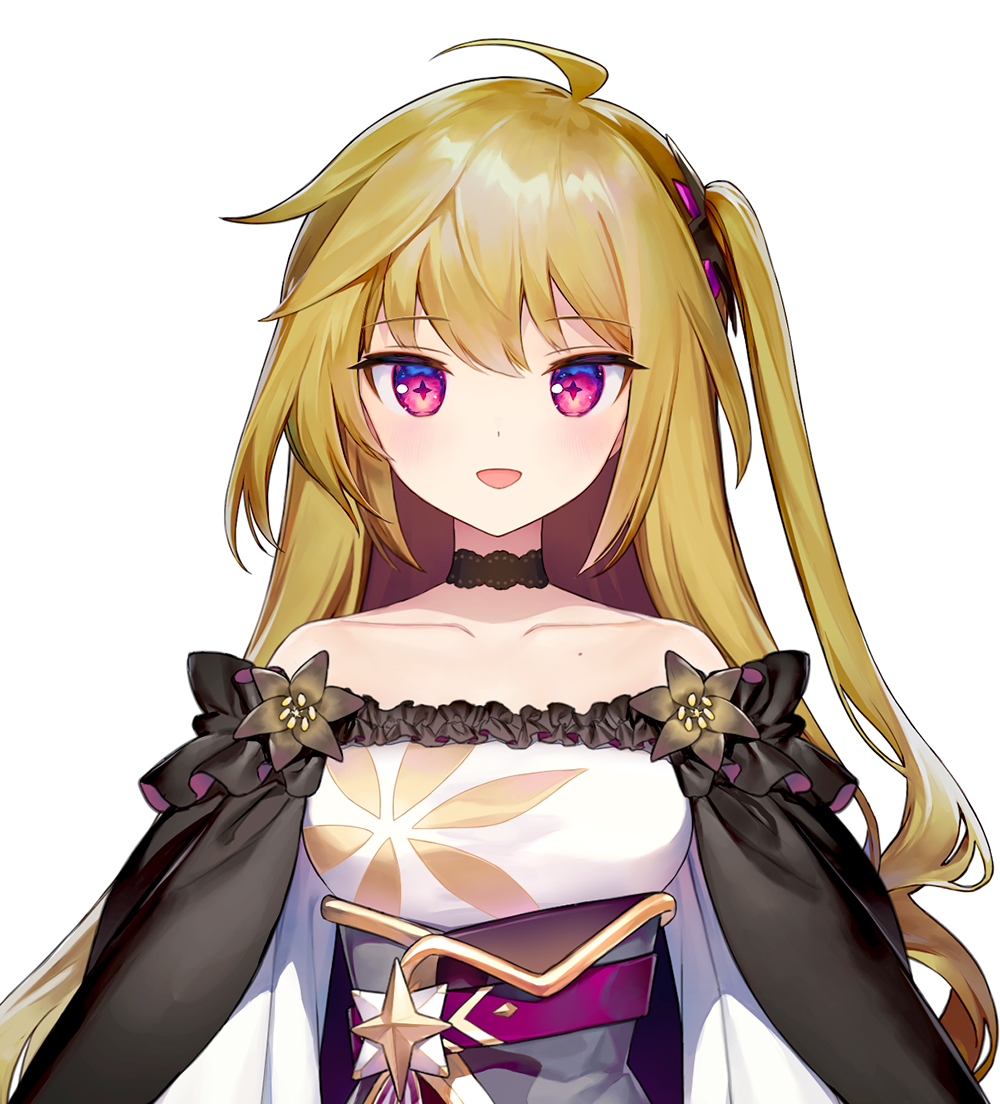 ainy, commentary request, 1girl, :d, ahoge, baibato, bare shoulders, black choker, blonde hair, blush, cape, choker, collarbone, dress, kanzashi iori, long hair, long sleeves, looking at viewer, off-shoulder dress, off shoulder, one side up, open mouth, pink cape, pink eyes, simple background, smile, solo, upper body, virtual youtuber, white background, white dress