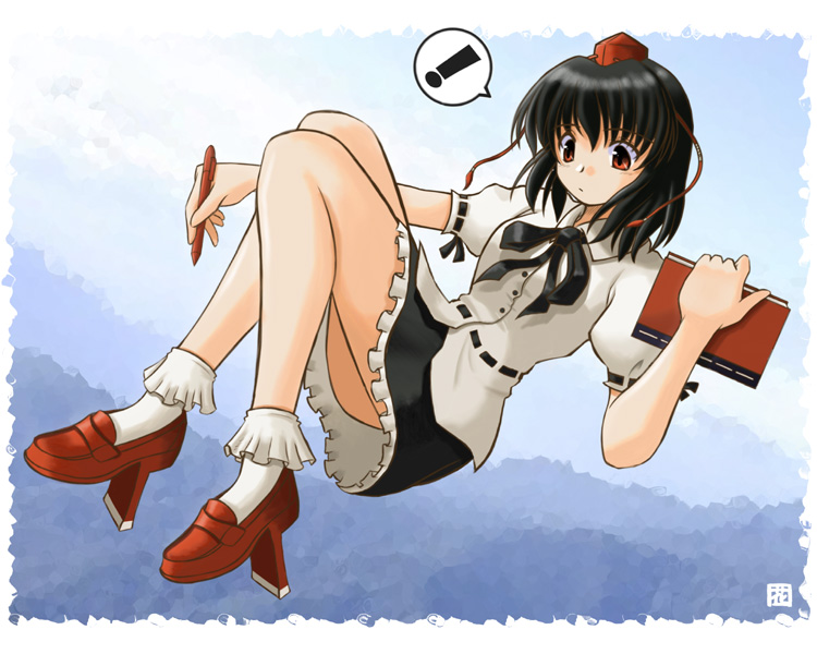 hana (hana mo arashi mo), shameimaru aya, touhou, 1girl, female focus, geta, hat, looking at viewer, solo, tengu-geta