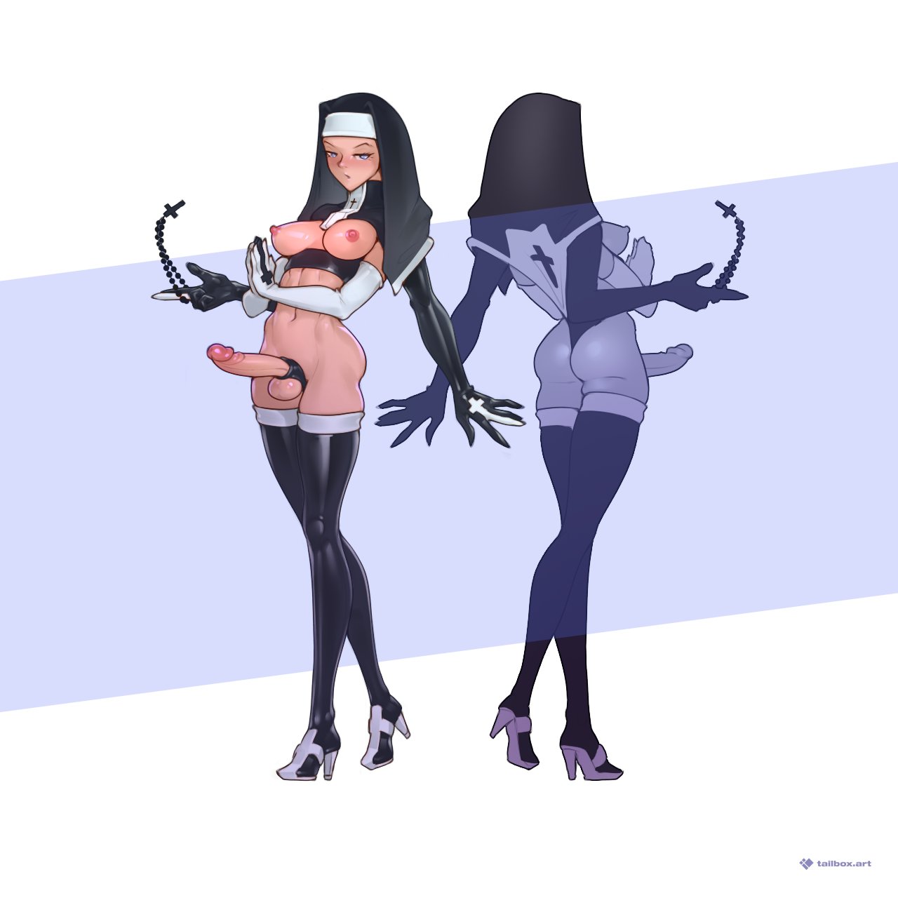 tailbox, original, commentary, english commentary, highres, 1girl, black gloves, breasts, breasts out, erection, extra arms, full body, futanari, gloves, high heels, holding rosary, navel, nun, reflection, solo, testicles, thighhighs, white gloves, wide hips