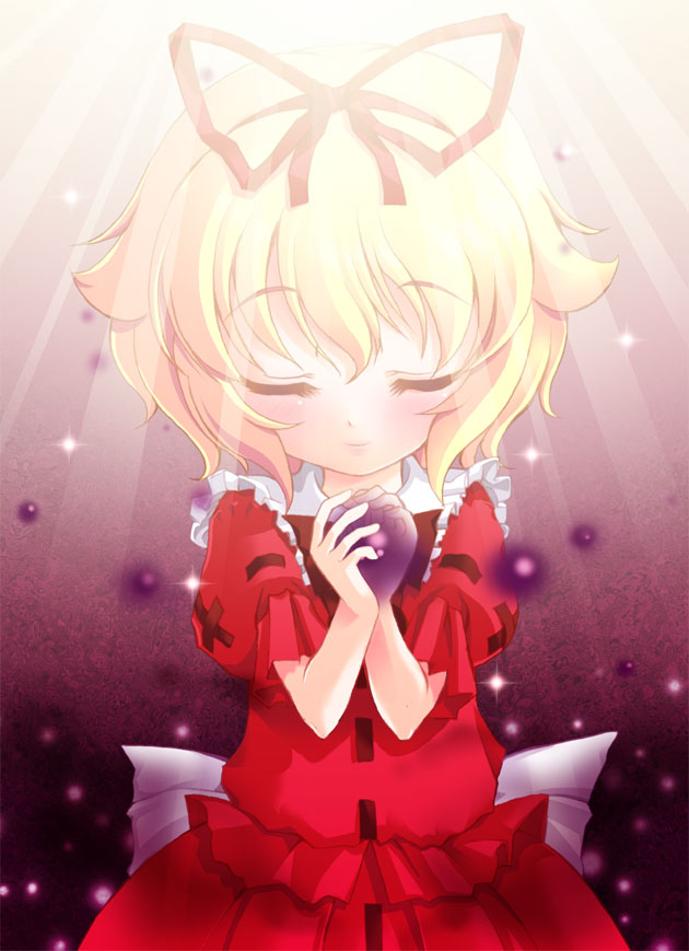tilm, medicine melancholy, touhou, 1girl, bad anatomy, bad proportions, blonde hair, blush, closed eyes, female focus, hair ribbon, own hands together, poorly drawn, puffy short sleeves, puffy sleeves, red ribbon, red shirt, red skirt, ribbon, shirt, short hair, short sleeves, skirt, smile, solo, sunlight