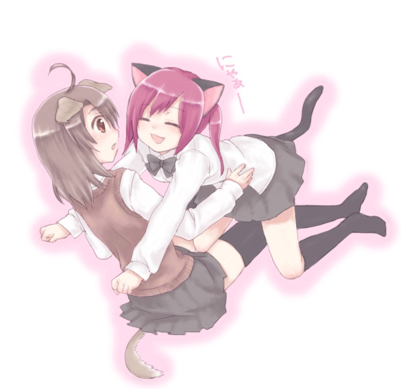 usashiro mani, original, ahoge, animal ears, cat ears, cat tail, dog ears, hug, kneehighs, school uniform, serafuku, socks, tail, thighhighs, zettai ryouiki