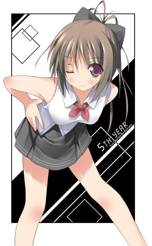 kantoku, original, 1girl, blush, breasts, brown hair, female focus, hands on own hips, leaning forward, one eye closed, purple eyes, skirt, smile, solo, wink