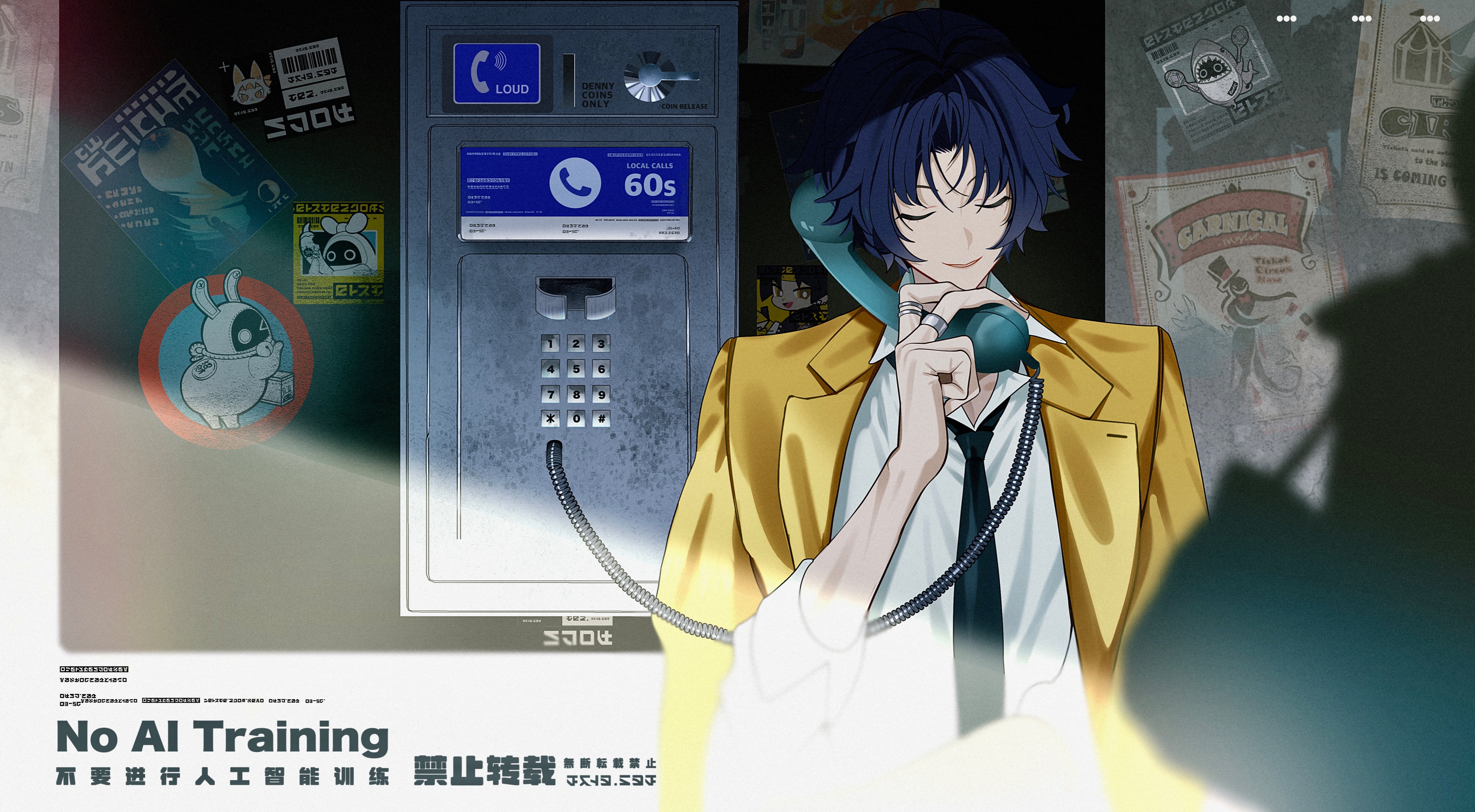 naru9, asaba harumasa, zenless zone zero, absurdres, highres, 1boy, black necktie, blue hair, closed eyes, coat, coat on shoulders, holding, holding phone, jewelry, multiple rings, necktie, open mouth, phone, phone on wall, poster (object), ring, shirt, sleeves rolled up, solo, sticker, talking on phone, white shirt, yellow coat