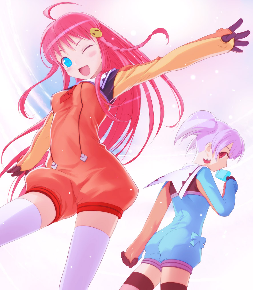 chiko, uni (plastic girl), nono (top wo nerae 2!), tycho science, top wo nerae! (series), top wo nerae 2!, + +, 00s, 2girls, ;d, blue eyes, blush, braid, cross-shaped pupils, earrings, food, jewelry, licking, long hair, multiple girls, one eye closed, open mouth, pink hair, popsicle, purple hair, red eyes, romper, sailor collar, smile, symbol-shaped pupils, thighhighs, thumb hole, tongue, twintails, zettai ryouiki