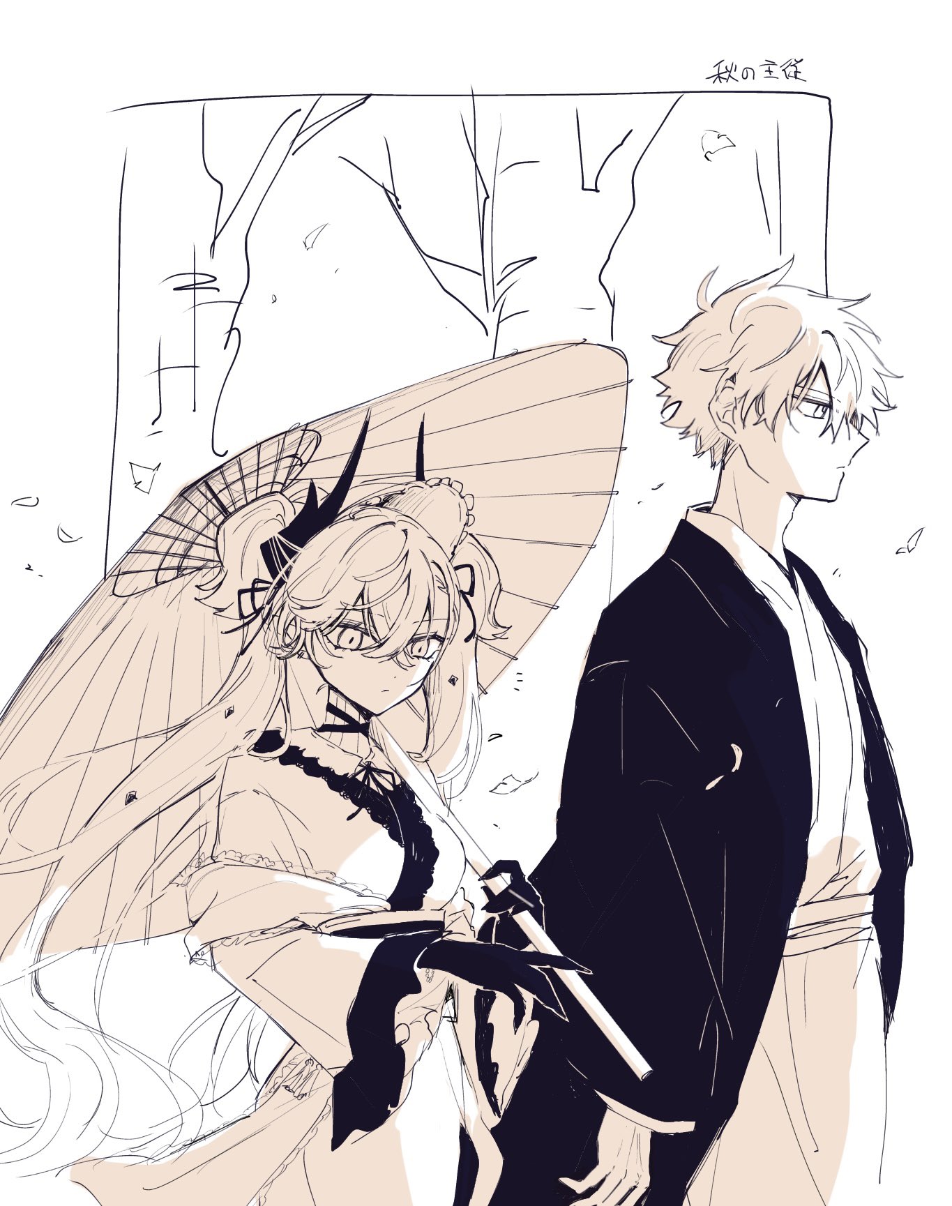 mo (aabx315), galahad (fate), lilith (fate), fate/grand order, fate (series), highres, 1boy, 1girl, alternate costume, greyscale, holding, holding umbrella, horns, japanese clothes, kimono, lilith (kyomaf 2025) (fate), looking down, looking to the side, monochrome, neck ribbon, notice lines, ribbon, sash, short hair, studded, twintails, umbrella, walking