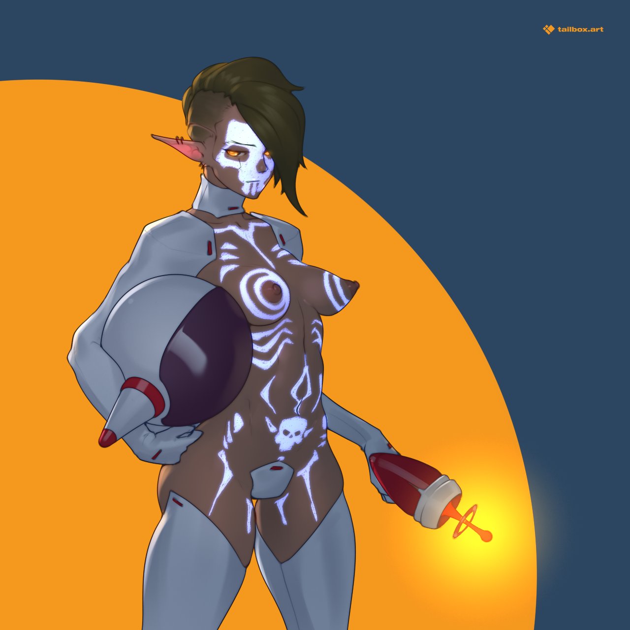 tailbox, original, commentary, highres, symbol-only commentary, 1girl, artist name, bodypaint, closed mouth, collar, cowboy shot, dark-skinned female, dark skin, detached sleeves, ear piercing, helmet, holding, holding ray gun, holding unworn helmet, nipples, orange eyes, piercing, pointy ears, short hair, skindentation, solo, space helmet, standing, thighhighs, unworn headwear, unworn helmet