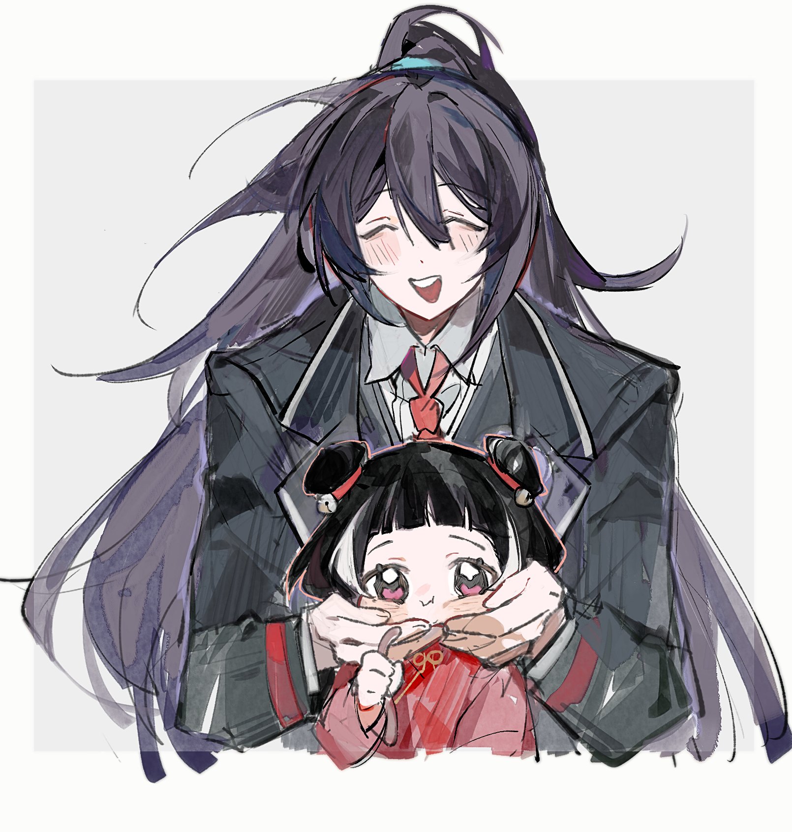 jingshenhuanghu, hong lu (project moon), jia xichun (project moon), limbus company, project moon, highres, 1boy, 1girl, :d, aged down, black coat, black hair, black vest, chinese clothes, closed eyes, coat, collared shirt, double bun, hair bun, high ponytail, long hair, long sleeves, looking at viewer, multicolored hair, necktie, open mouth, pink eyes, ponytail, red necktie, shirt, simple background, smile, streaked hair, upper body, vest, white background, white shirt, worm