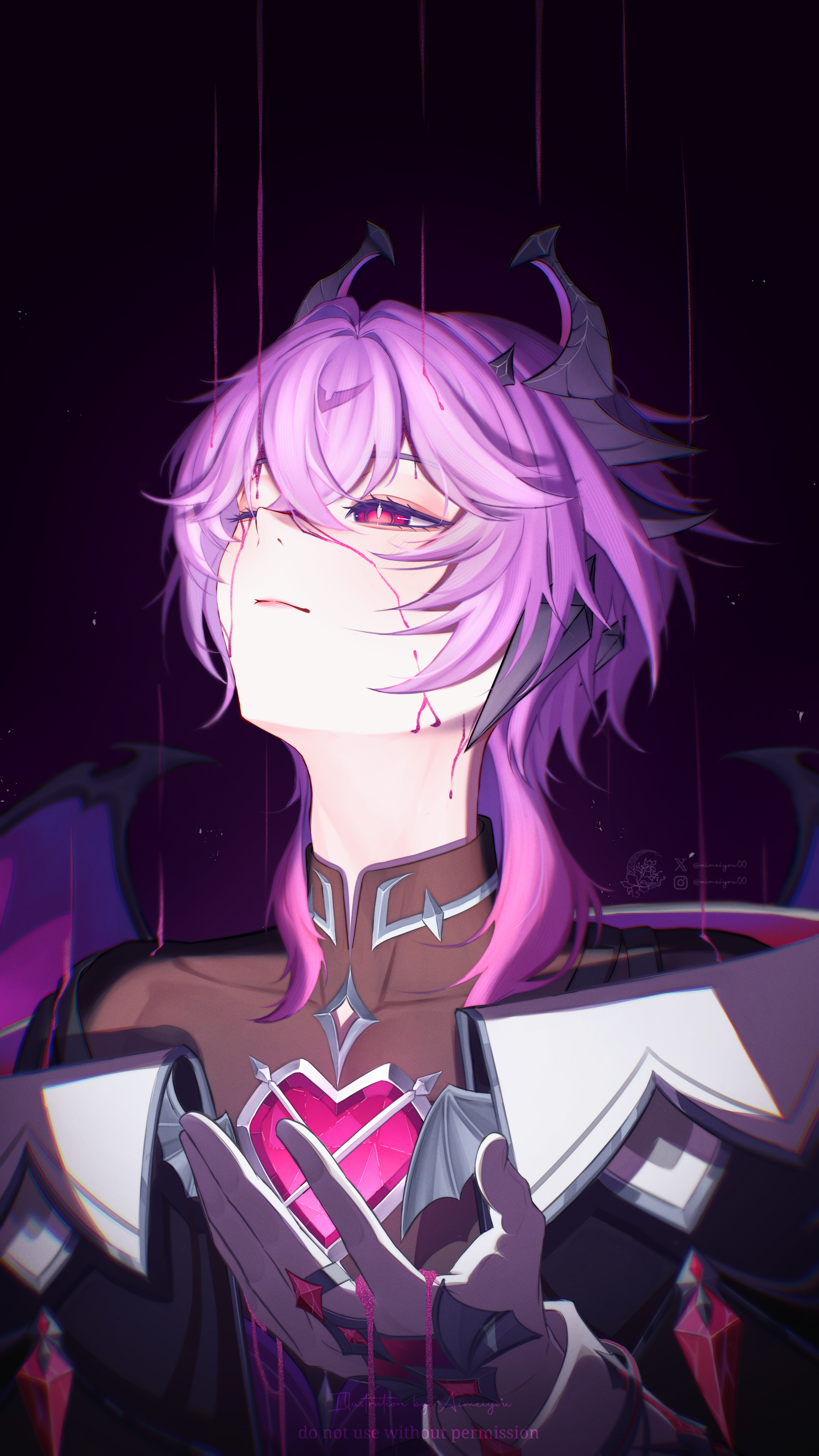 aimeiyou00, mini durin (genshin impact), mini durin (human) (genshin impact), genshin impact, absurdres, commentary, english commentary, highres, 1boy, artist name, black background, blood, blood on face, blood on hands, closed mouth, covered collarbone, curly hair, dragon boy, dragon horns, formal clothes, gloves, gradient hair, hair between eyes, heart, horns, long sleeves, looking up, multicolored hair, off shoulder, one eye closed, pink lips, purple hair, red eyes, shade, short hair, solo, standing, suit, symbol-shaped pupils, upper body, watermark, white gloves