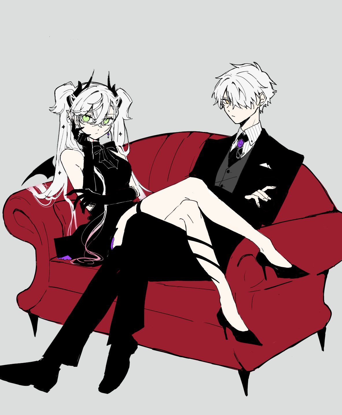 mo (aabx315), galahad (fate), lilith (fate), fate/grand order, fate (series), highres, 1boy, 1girl, bare shoulders, black bow, black dress, black necktie, black suit, bow, bowtie, chair, colored tips, crossed arms, crossed legs, dress, fake claws, formal clothes, full body, green eyes, grey background, grey vest, halter dress, halterneck, high heels, horns, legs on another's lap, light frown, long hair, looking at viewer, multicolored hair, necktie, on chair, shirt, short hair, simple background, sitting, star (symbol), striped clothes, striped shirt, suit, twintails, vest, white hair, yellow eyes