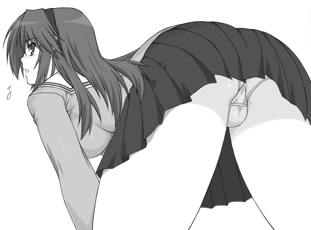 shichimenchou, sakagami tomoyo, clannad, 00s, ass, bent over, greyscale, hairband, looking back, monochrome, panties, pantyshot, school uniform, serafuku, underwear