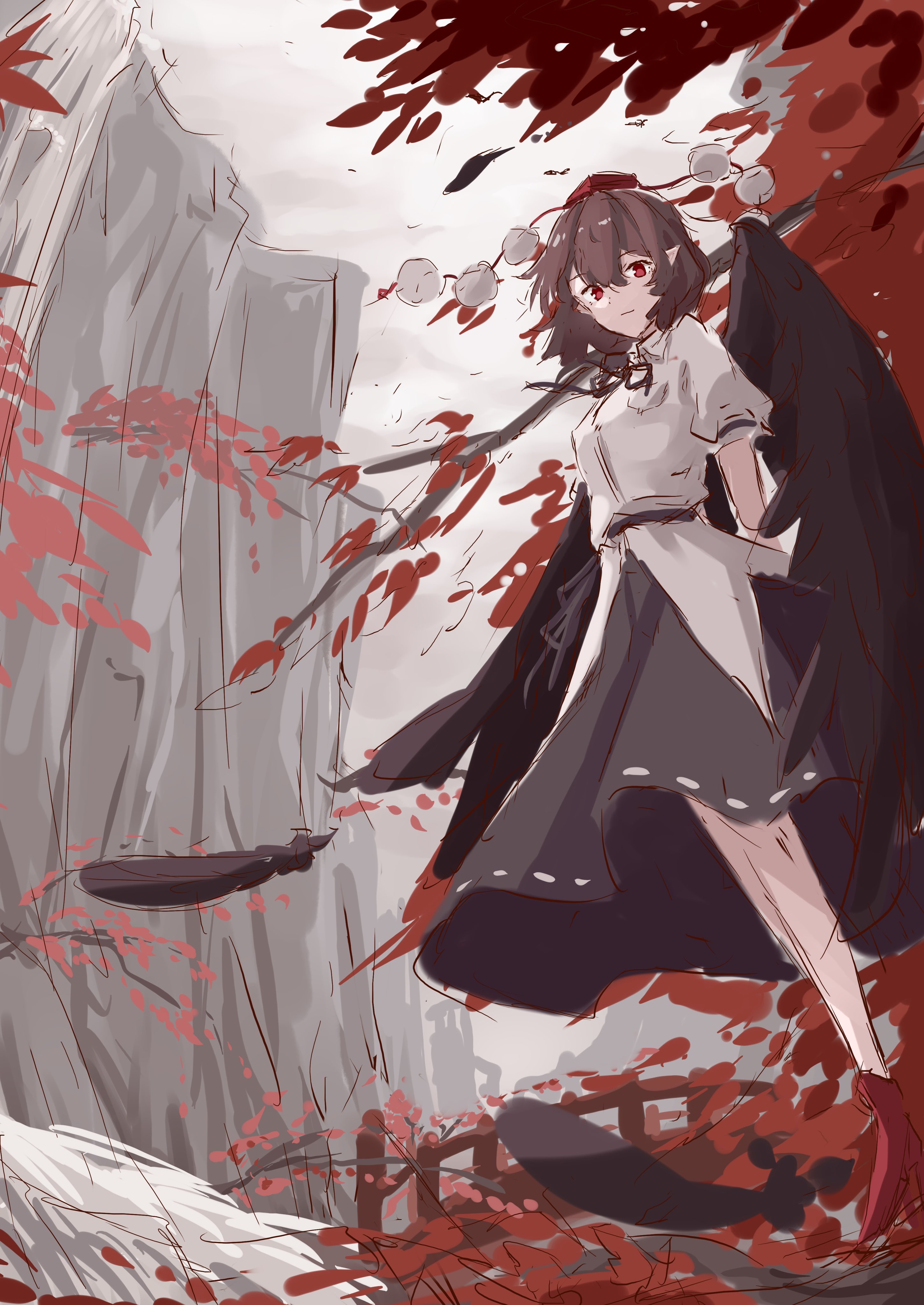 t-hou, shameimaru aya, touhou, absurdres, highres, 1girl, arm garter, autumn, autumn leaves, black ribbon, black sash, black skirt, branch, breasts, brown hair, fence, geta, hair between eyes, hat, high heels, leaf, legs together, mountain, pointy ears, pom pom (clothes), red eyes, ribbon, sash, scenery, shirt, short hair, short sleeves, skirt, smile, solo, standing, tengu-geta, tokin hat, white shirt, wings
