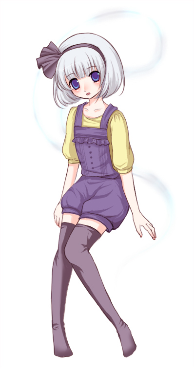 miyoshi, konpaku youmu, konpaku youmu (ghost), touhou, 1girl, blush, casual, female focus, hairband, hitodama, ribbon, solo, thighhighs