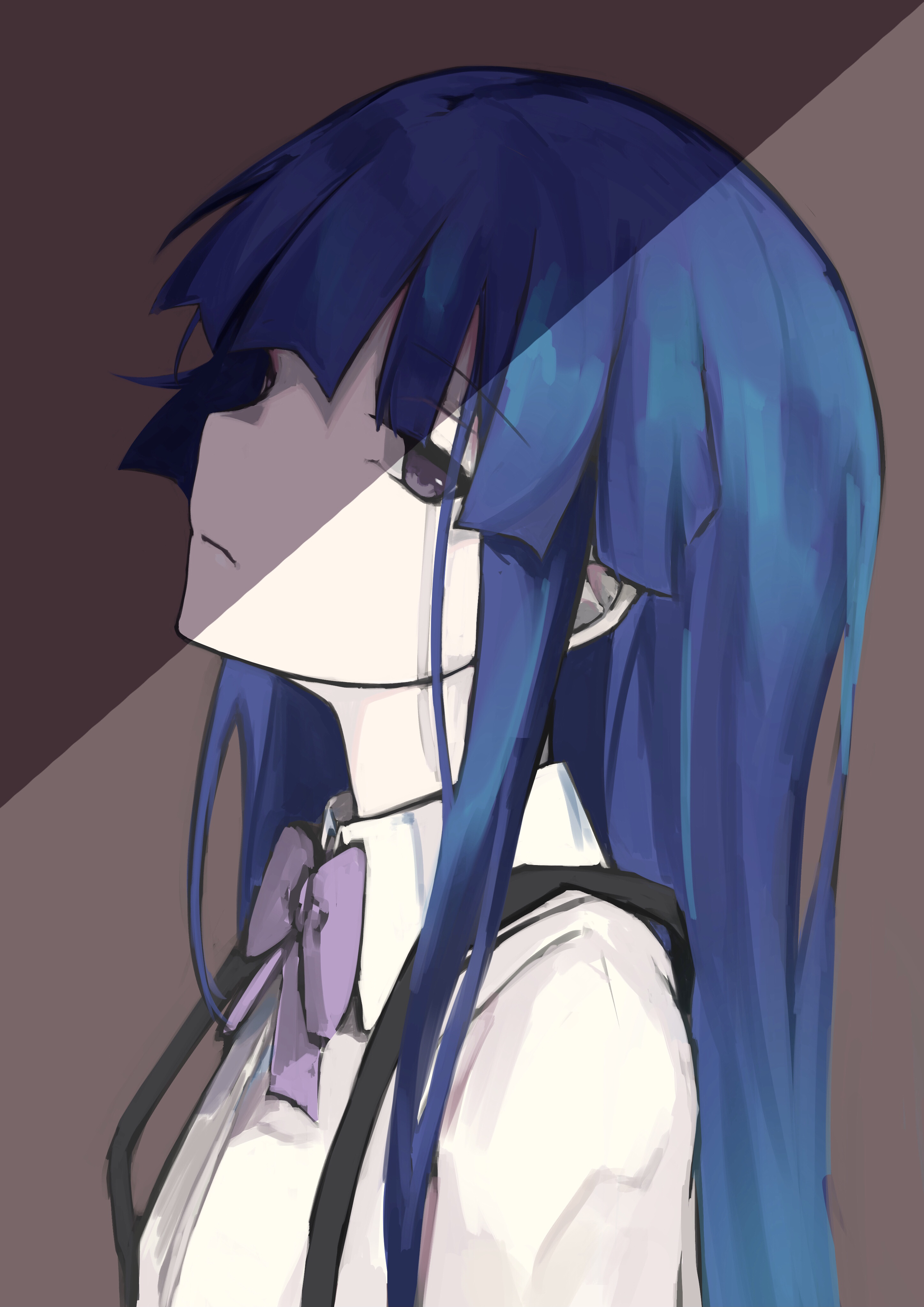 mtmosphere, furude rika, higurashi no naku koro ni, absurdres, commentary, english commentary, highres, 1girl, blue hair, blunt bangs, bow, bowtie, brown background, closed mouth, collared shirt, expressionless, from side, long hair, looking at viewer, profile, purple bow, purple bowtie, purple eyes, shaded face, shirt, sidelocks, simple background, solo, straight hair, suspenders, upper body, white shirt