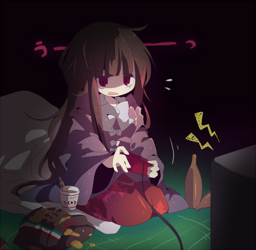 ana (rznuscrf), houraisan kaguya, touhou, 1girl, dark, famicom, female focus, food, game console, messy hair, neet, nissin cup noodle, playing games, sitting, solo, video game