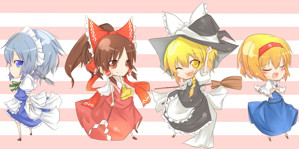 sasaki kouhei, alice margatroid, hakurei reimu, izayoi sakuya, kirisame marisa, touhou, silver hair, bad id, bad pixiv id, 4girls, ;d, apron, blonde hair, blue dress, braid, breasts, brown hair, chibi, cleavage, dress, embellished costume, female focus, full body, hairband, hat, looking at viewer, multiple girls, one eye closed, open mouth, orange hair, puffy short sleeves, puffy sleeves, short hair, short sleeves, single braid, smile, twin braids, waist apron, witch hat