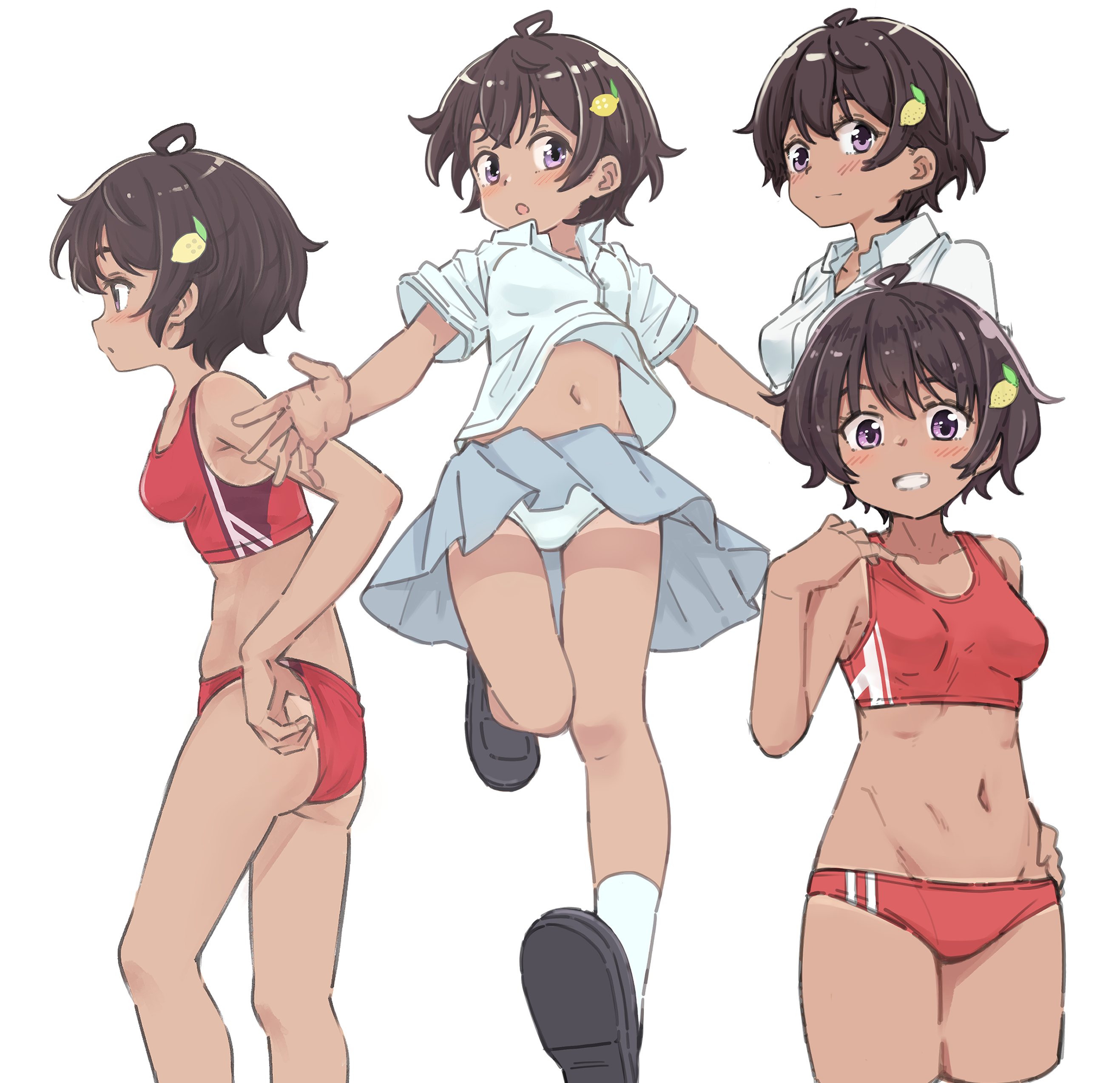 k-go, yakishio lemon, make heroine ga oo sugiru!, absurdres, highres, 1girl, black hair, buruma, collared shirt, dark-skinned female, dark skin, dress shirt, feet out of frame, food-themed hair ornament, full body, grey skirt, hair ornament, lemon hair ornament, looking at viewer, multiple views, panties, pleated skirt, purple eyes, red buruma, red sports bra, school uniform, shirt, short hair, simple background, skirt, sports bikini, sports bra, tan, tanline, tsuwabuki high school uniform, underwear, upper body, white background, white panties, white shirt