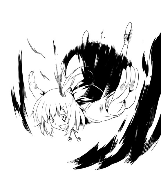 kiku hitomoji, tora tooru, toru tooru, rumia, embodiment of scarlet devil, touhou, 1girl, fang, female focus, greyscale, hair ribbon, monochrome, open mouth, outstretched arms, ribbon, short hair, smile, solo, spread arms