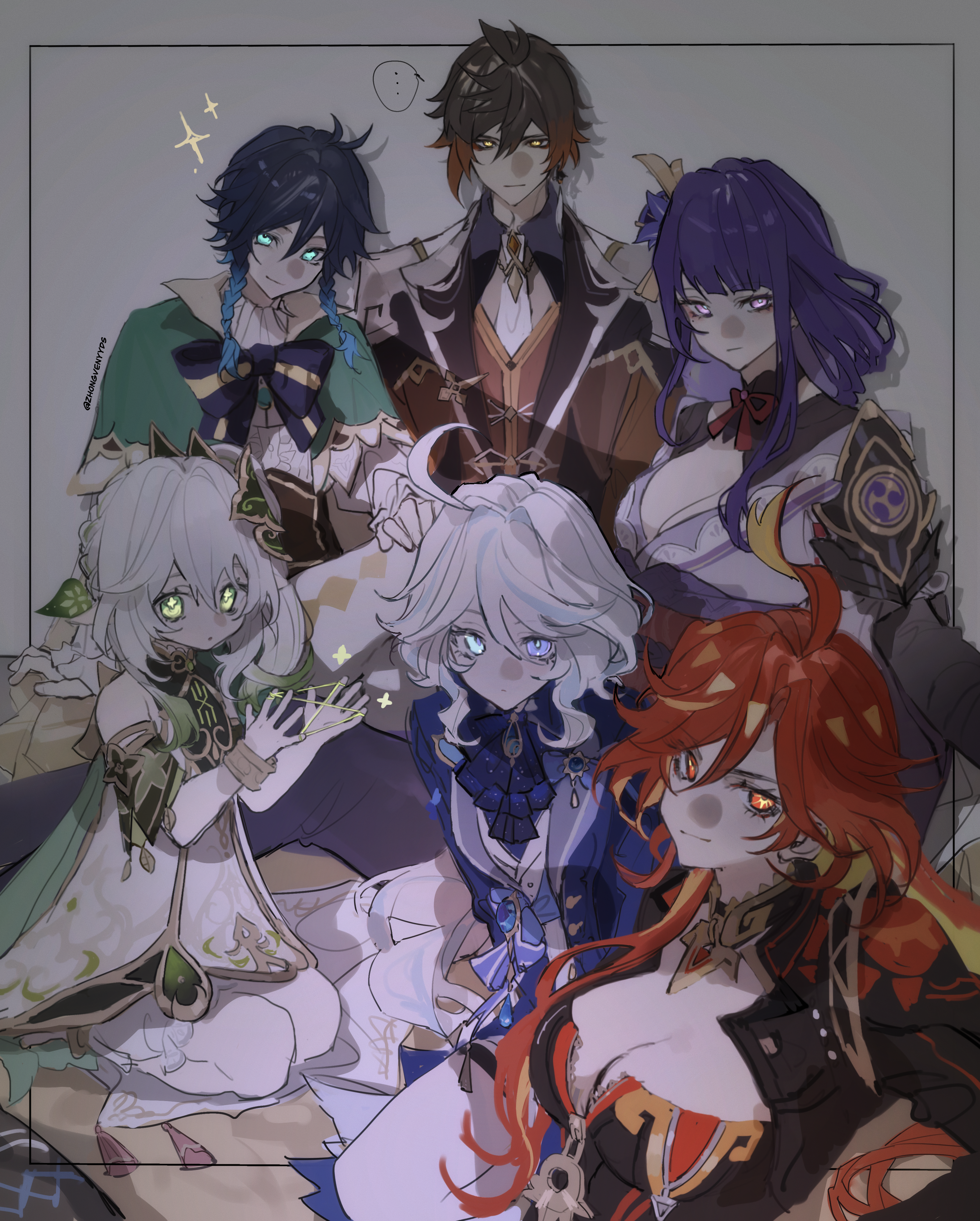 furina (genshin impact), mavuika (genshin impact), nahida (genshin impact), raiden shogun, venti (genshin impact), zhongli (genshin impact), genshin impact, absurdres, chinese commentary, highres, …, 2boys, 4girls, ahoge, antenna hair, armor, artist name, biker clothes, bikesuit, black suit, blue eyes, blue hair, blue suit, blunt bangs, bodysuit, bow, bowtie, bracelet, braid, breasts, brown hair, brown suit, capelet, chinese clothes, cleavage, closed mouth, clothing cutout, collared shirt, dark room, detached sleeves, dress, fan hair ornament, flower, flower ornament, formal clothes, friends, glowing, glowing eyes, gradient hair, green capelet, green eyes, hair between eyes, hair ornament, head tilt, heterochromia, huge ahoge, huge breasts, japanese armor, japanese clothes, jewelry, kimono, large breasts, leaning back, leaning forward, leaning to the side, long braid, long hair, long sleeves, looking at viewer, looking to the side, mitsudomoe (shape), multicolored hair, multiple boys, multiple girls, neck ribbon, necktie, off shoulder, purple eyes, purple flower, purple hair, purple kimono, red eyes, red hair, red ribbon, ribbon, seiza, shade, shadow, shirt, short hair, short sleeves, shorts, shoulder armor, shoulder cutout, side braids, side ponytail, single braid, sitting, sparkle, speech bubble, standing, streaked hair, suit, thighs, tomoe (symbol), wavy hair, white background, white hair, yellow eyes, zhongvenyyds