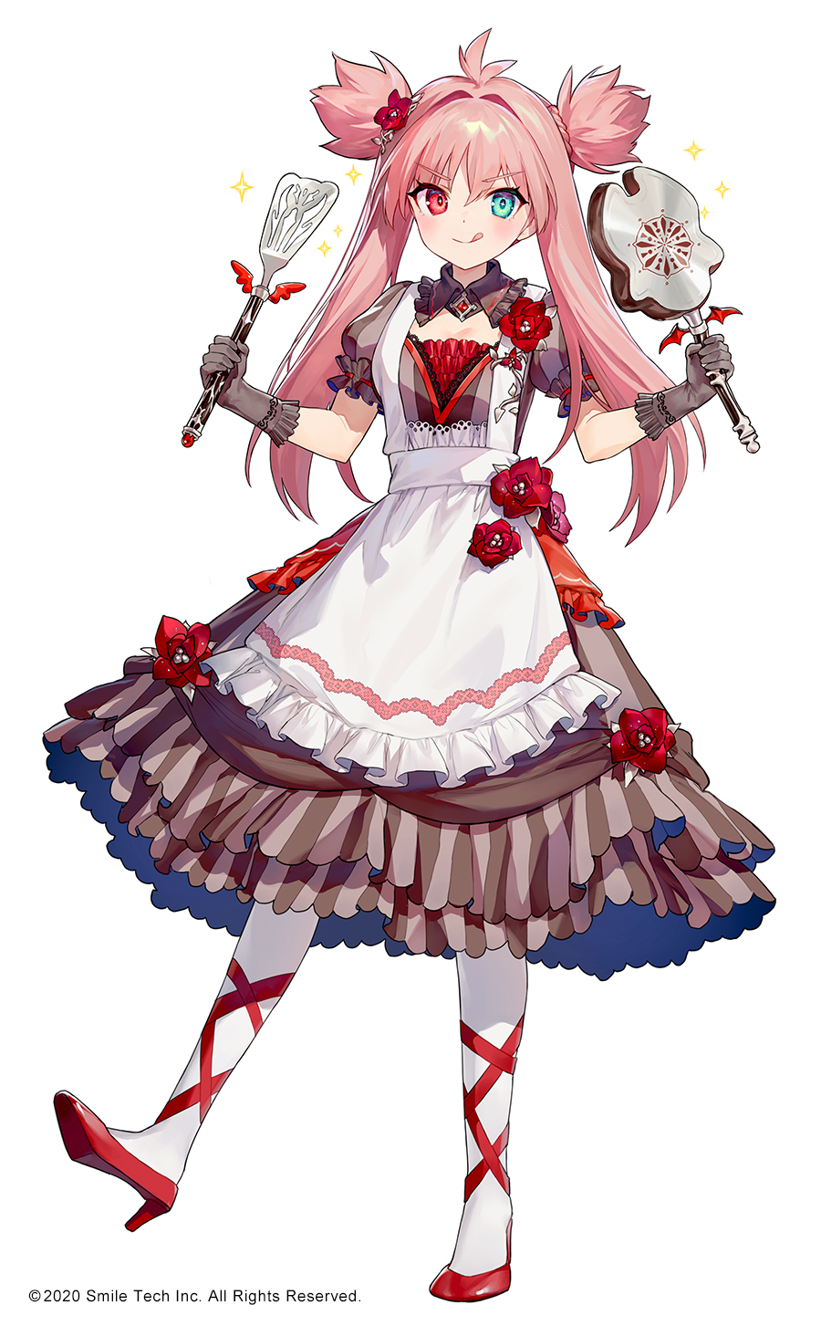 ainy, mahjong hime, commentary request, highres, official art, 1girl, :q, ahoge, ankle lace-up, apron, blush, brown dress, brown gloves, cleavage cutout, closed mouth, clothing cutout, copyright notice, dora (mahjong hime), double bun, dress, frilled apron, frills, full body, gloves, green eyes, hair bun, heterochromia, high heels, holding, holding spatula, long hair, looking at viewer, pantyhose, pink hair, red eyes, red shoes, shoes, short sleeves, simple background, smile, solo, spatula, standing, standing on one leg, tongue, tongue out, white apron, white background, white pantyhose