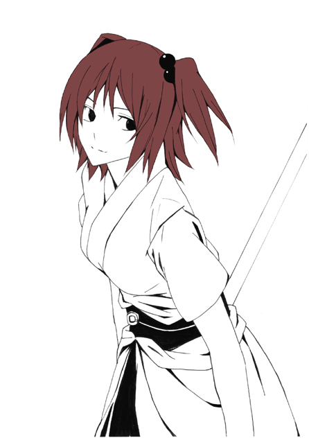kajiki, onozuka komachi, touhou, 1girl, female focus, hair bobbles, hair ornament, monochrome, red hair, smile, solo, spot color, twintails, two side up