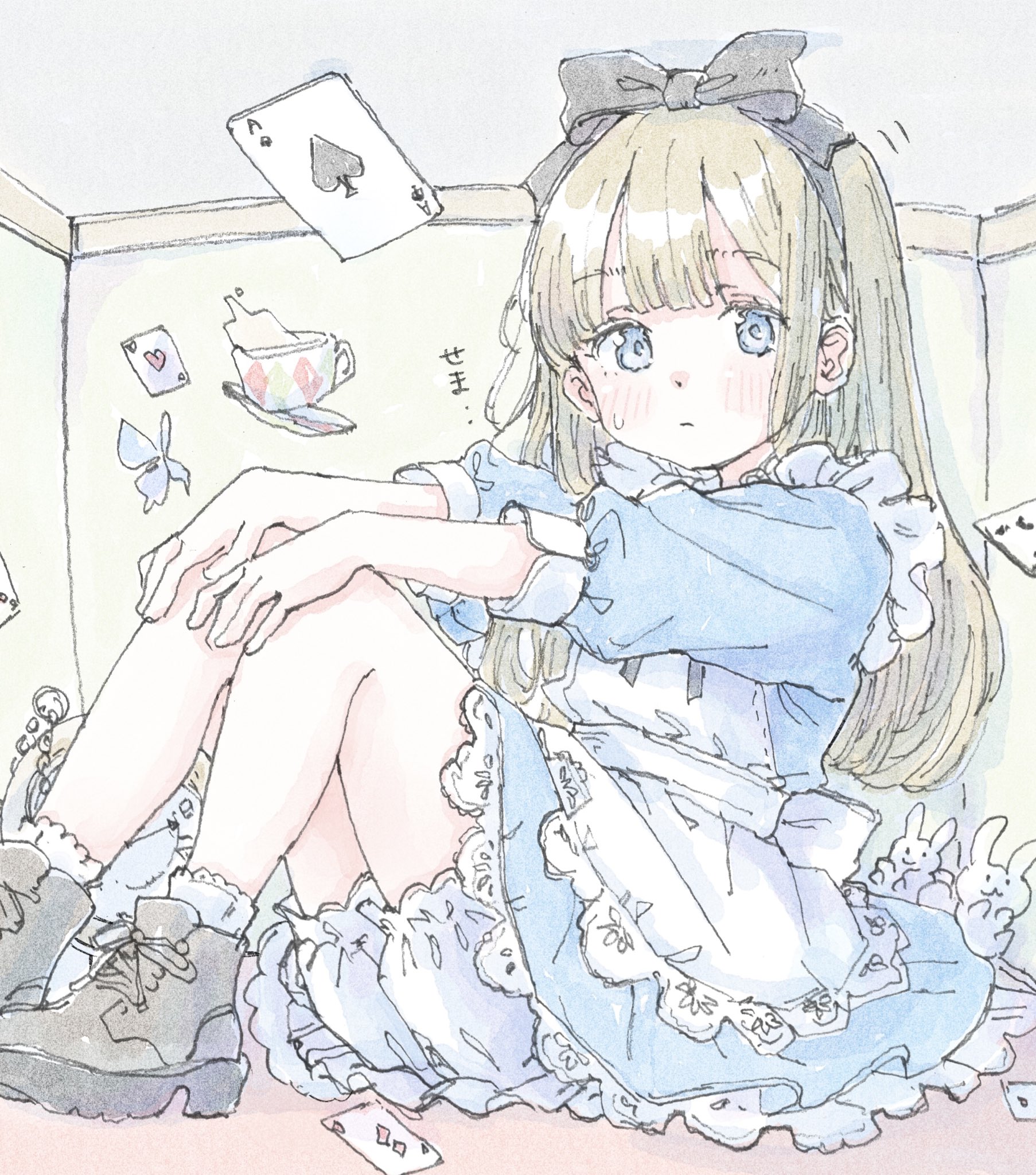 poranka (porankaran), alice (alice in wonderland), alice's adventures in wonderland, check translation, commentary request, highres, traditional media, translation request, 1girl, ace (playing card), ace of spades, apron, back bow, black bow, bloomers, blue eyes, blunt bangs, blush, boots, bow, brown boots, bug, butterfly, card, closed mouth, cup, dress, feet out of frame, floating card, frilled apron, frilled bloomers, frilled dress, frills, hair bow, hands on own knees, insect, knees up, lace-up boots, large bow, leather, leather boots, long hair, looking at viewer, plate, playing card, puffy short sleeves, puffy sleeves, short sleeves, sitting, socks, solo, spade (shape), stuffed animal, stuffed rabbit, stuffed toy, sweatdrop, teacup, underwear, white apron, white bow, white socks
