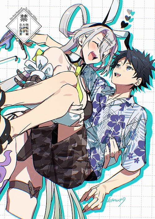 6tnut9, fujimaru ritsuka (male), fujimaru ritsuka (male) (tropical summer), huyan zhuo (fate), huyan zhuo (swimsuit berserker) (fate), fate/grand order, fate (series), 1boy, 1girl, animal ear hairband, animal ears, bare shoulders, black hair, black one-piece swimsuit, black shorts, blue eyes, blue shirt, blush, carrying, closed eyes, detached sleeves, donkey ears, fake animal ears, floral print, frilled sleeves, frills, green necktie, grey hair, grid background, hair between eyes, hair ornament, hair rings, hairband, hairpin, hawaiian shirt, heart, highleg, highleg one-piece swimsuit, holding, holding removed eyewear, long hair, multiple hairpins, necktie, novelty glasses, one-piece swimsuit, open mouth, plunging neckline, princess carry, sandals, shirt, short hair, shorts, single thighhigh, sunglasses, swimsuit, thigh strap, thighhighs, twintails, unworn eyewear, very long hair, white sleeves