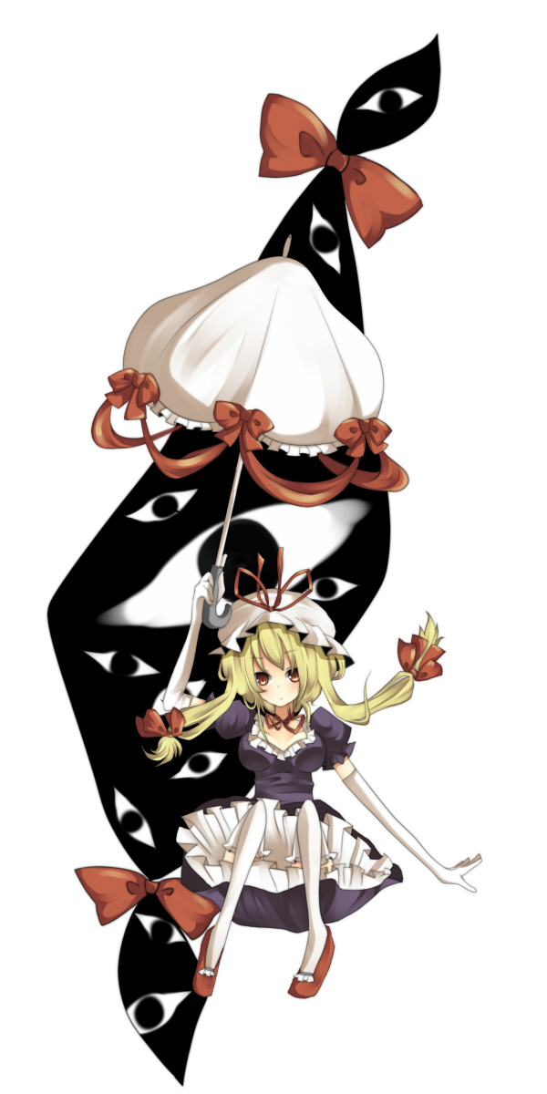 umi (umi02), yakumo yukari, touhou, white legwear, bad id, bad pixiv id, highres, 1girl, bow, breasts, choker, dress, elbow gloves, female focus, gap (touhou), gloves, hair ribbon, hat, mob cap, orange eyes, parasol, puffy short sleeves, puffy sleeves, red bow, red ribbon, ribbon, ribbon choker, short sleeves, solo, umbrella, white background, white gloves, white hat