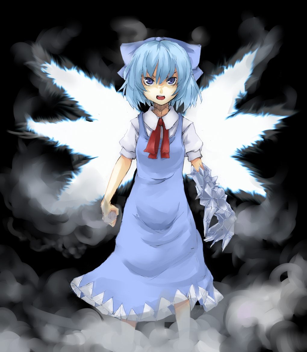 ofuro mantarou, cirno, touhou, bad id, bad pixiv id, 1girl, blue eyes, blue hair, dress, female focus, gradient background, matching hair/eyes, ribbon, solo, wings
